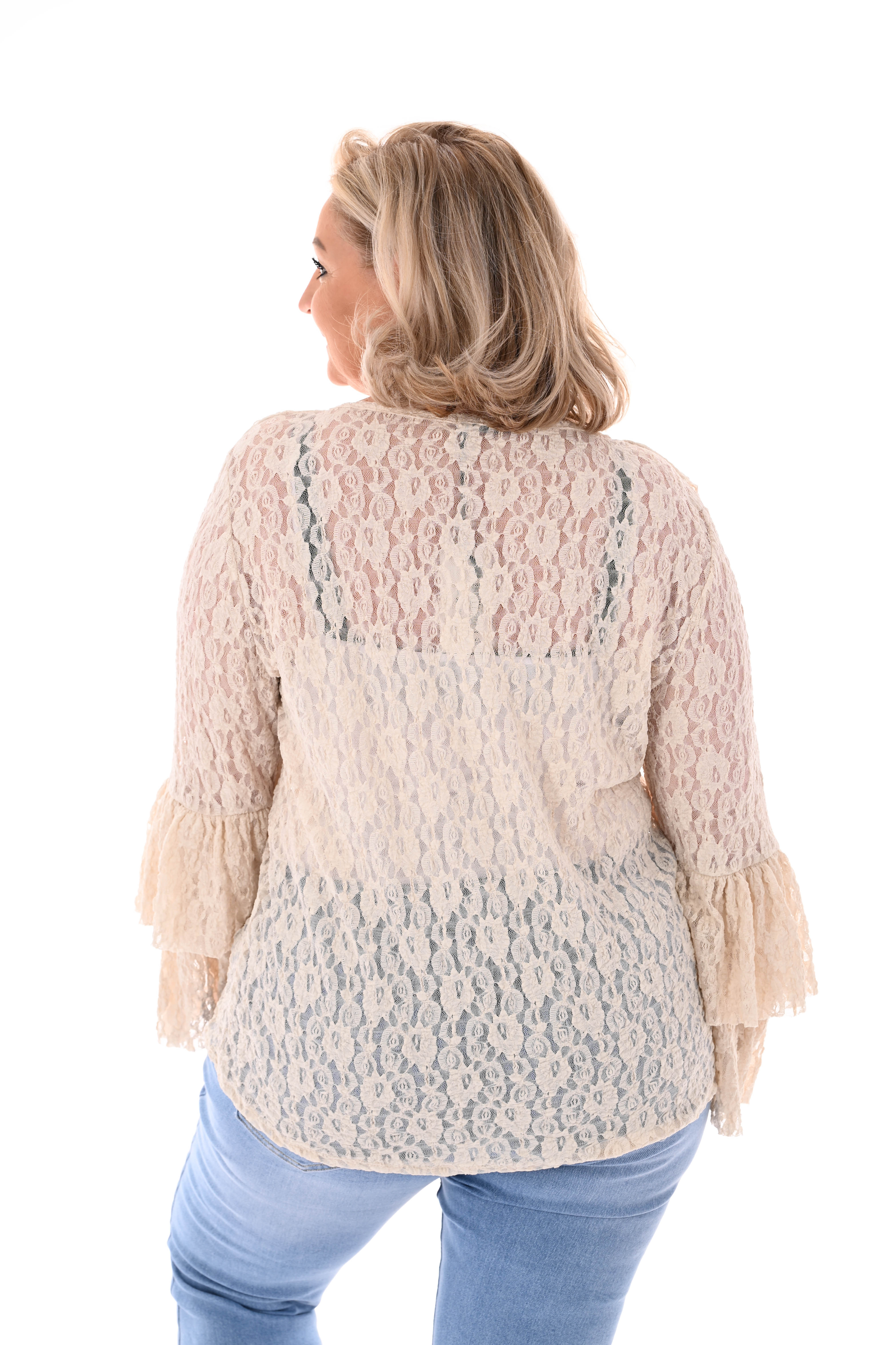 Kanten top 3/4e v-hals roezels beige