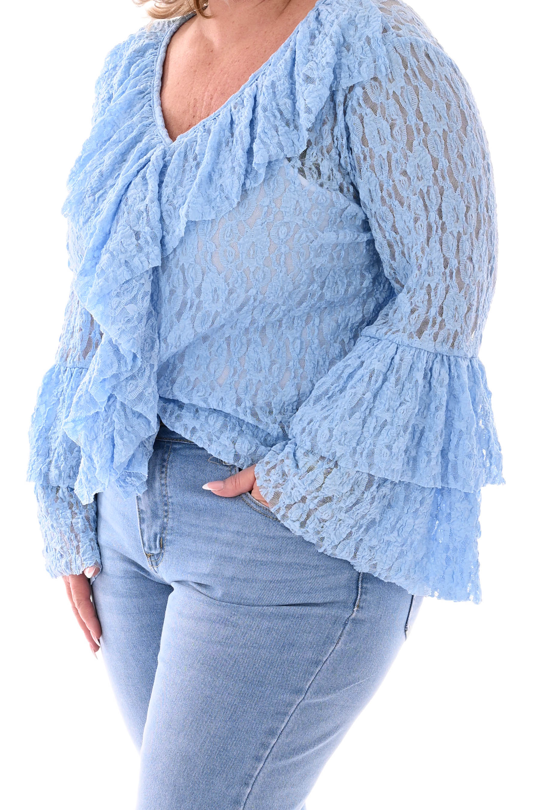 Kanten top 3/4e v-hals roezels lichtblauw