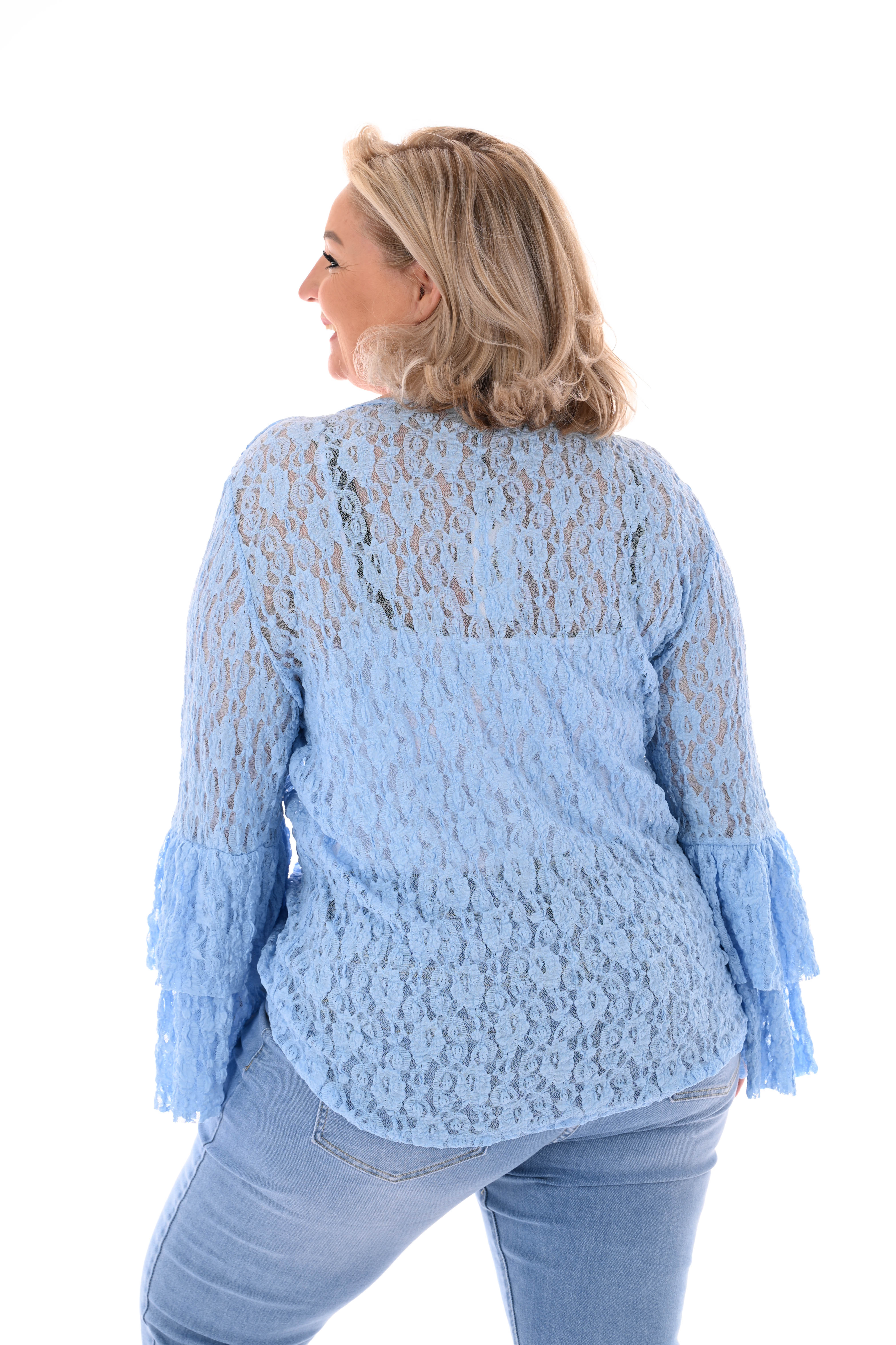 Kanten top 3/4e v-hals roezels lichtblauw