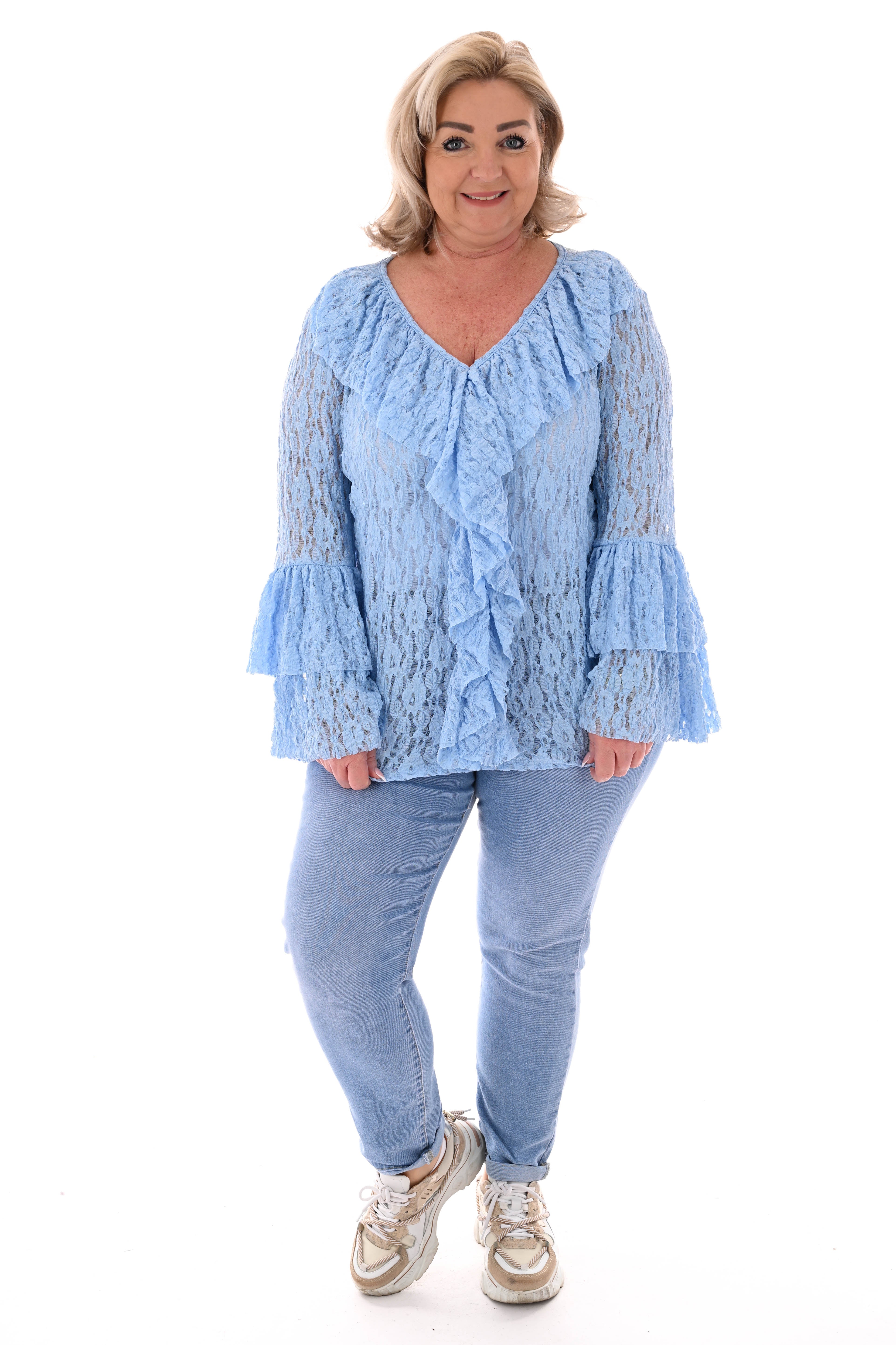 Kanten top 3/4e v-hals roezels lichtblauw