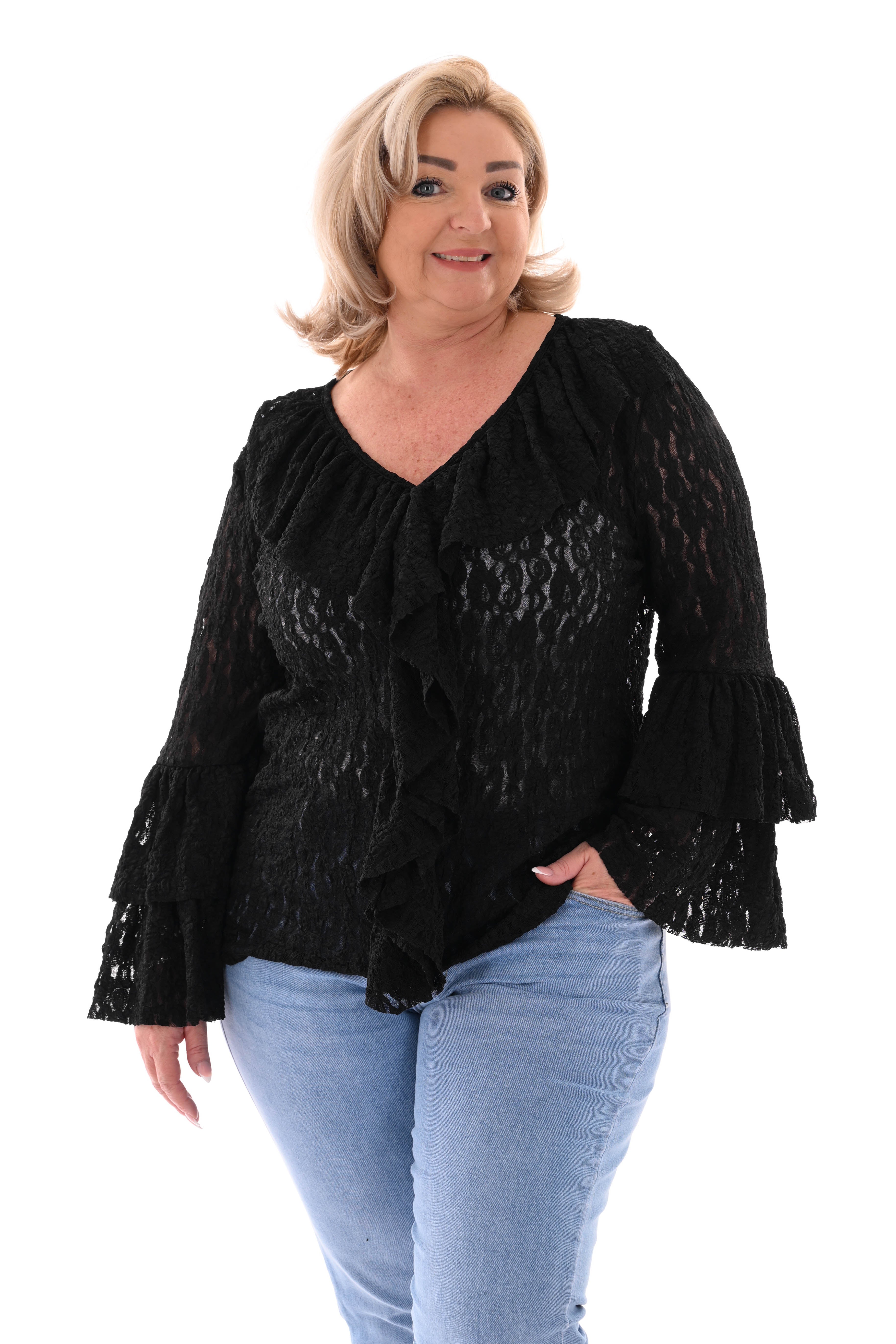 Kanten top 3/4e v-hals roezels zwart