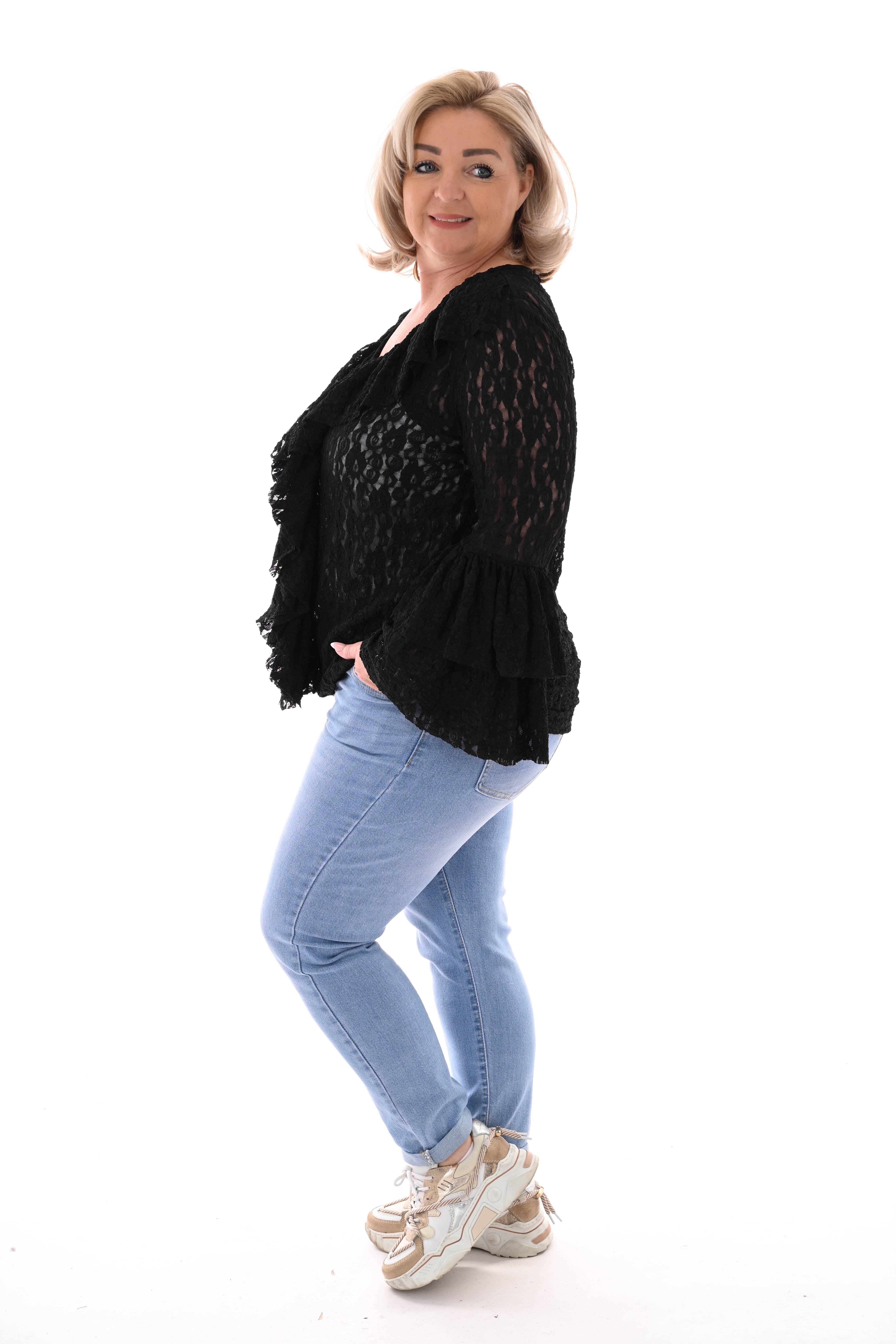 Kanten top 3/4e v-hals roezels zwart