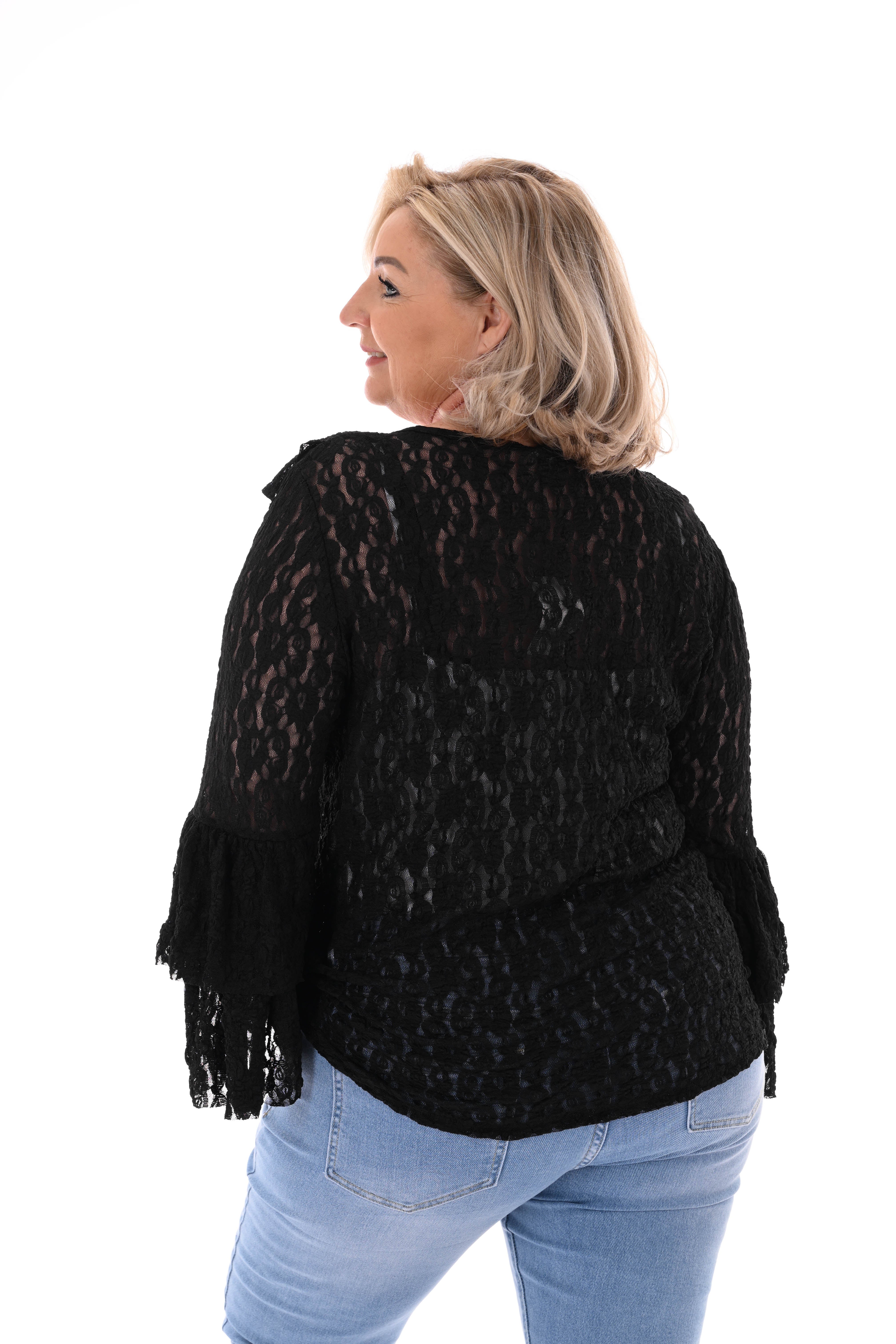 Kanten top 3/4e v-hals roezels zwart