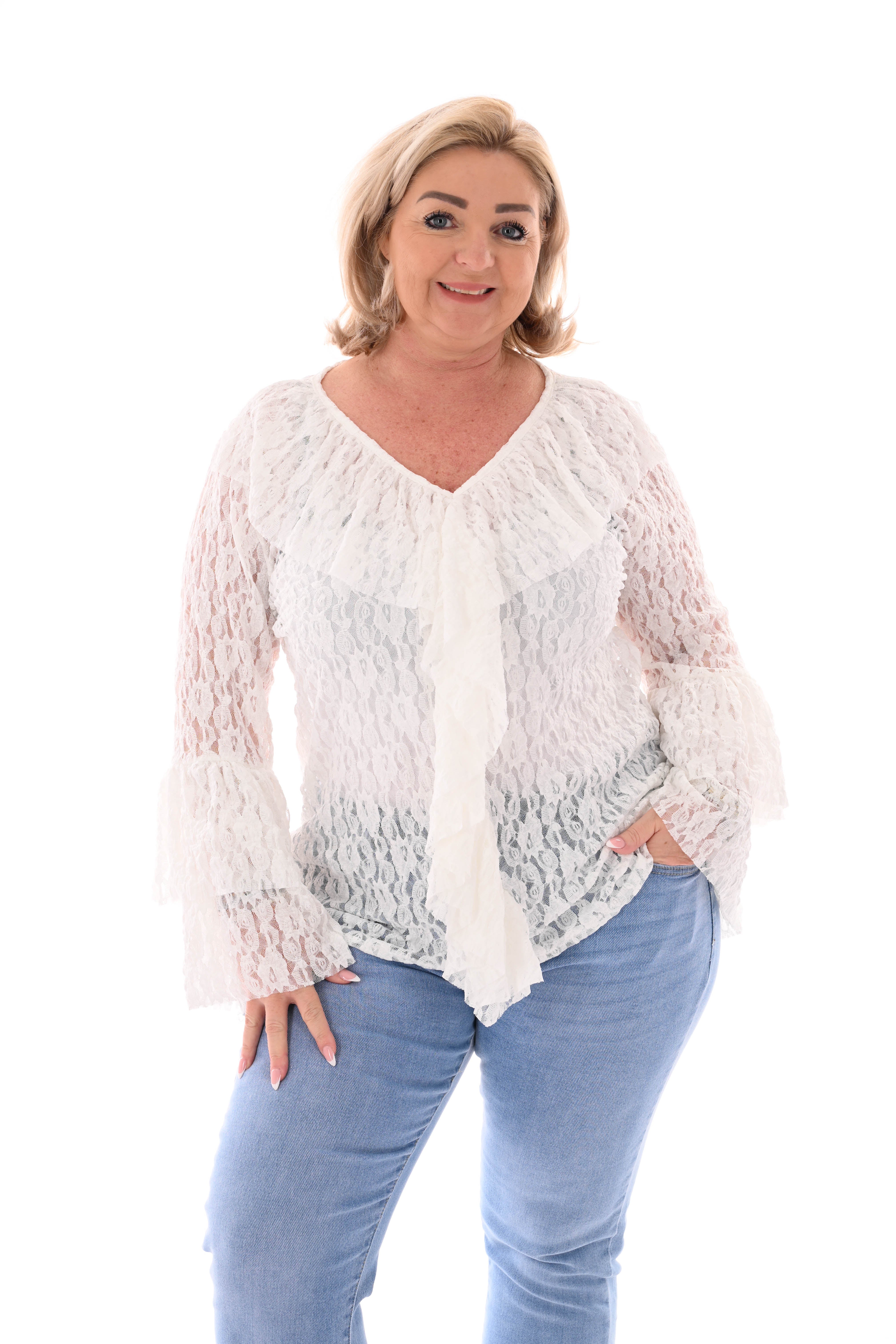 Kanten top 3/4e v-hals roezels roomwit