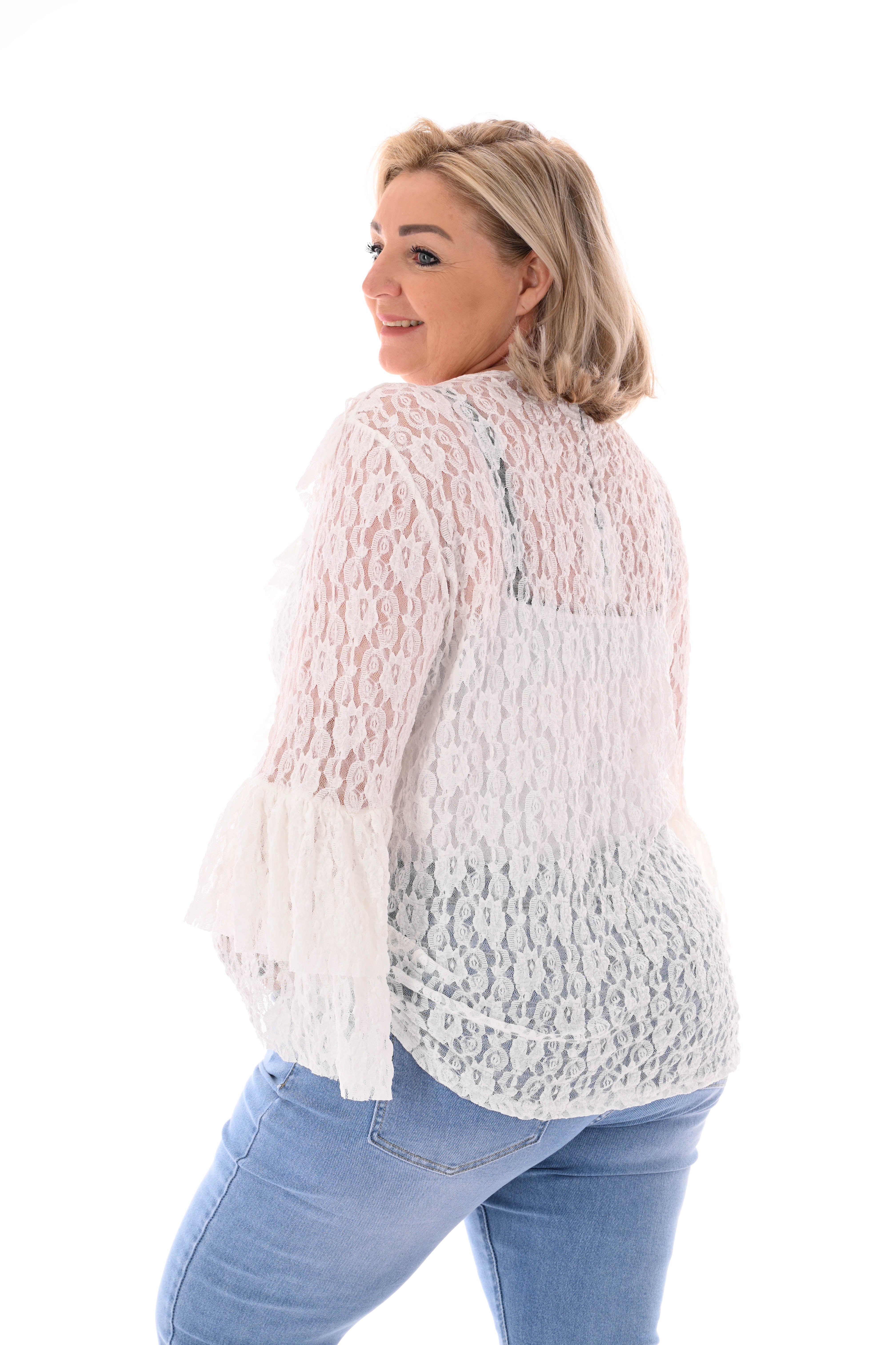 Kanten top 3/4e v-hals roezels roomwit