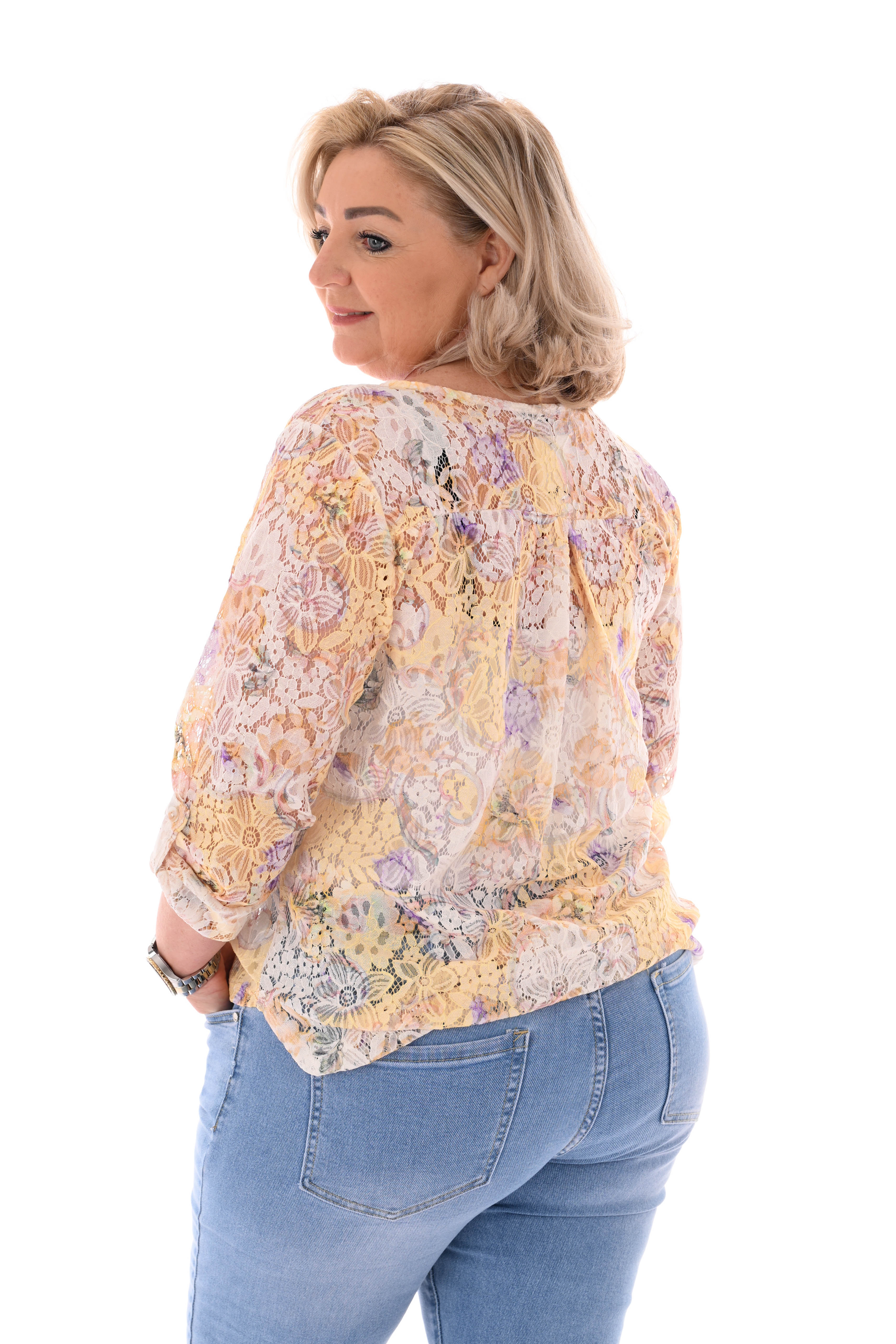 Kanten top bloemen motief multicolour lichtgeel