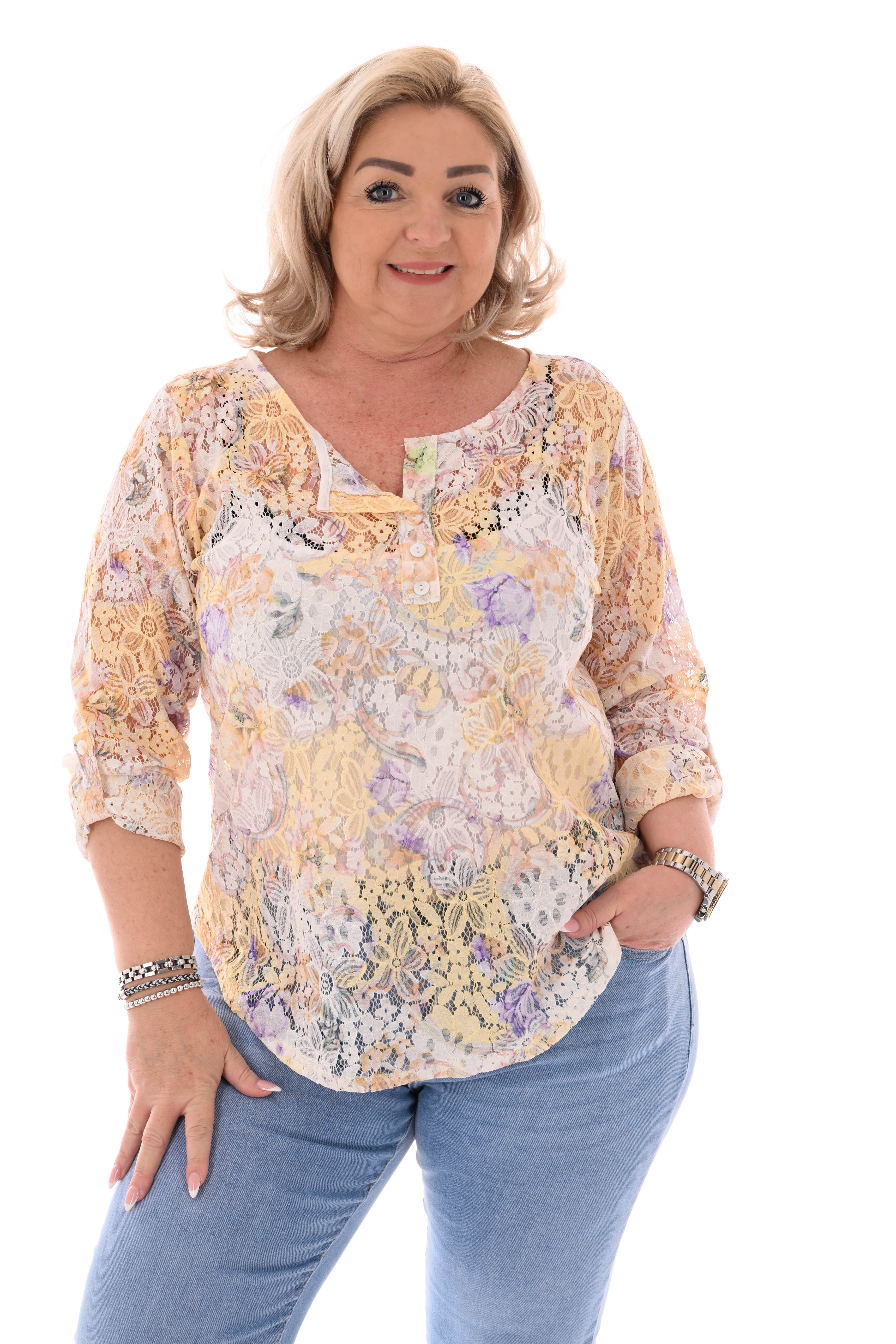 Kanten top bloemen motief multicolour lichtgeel