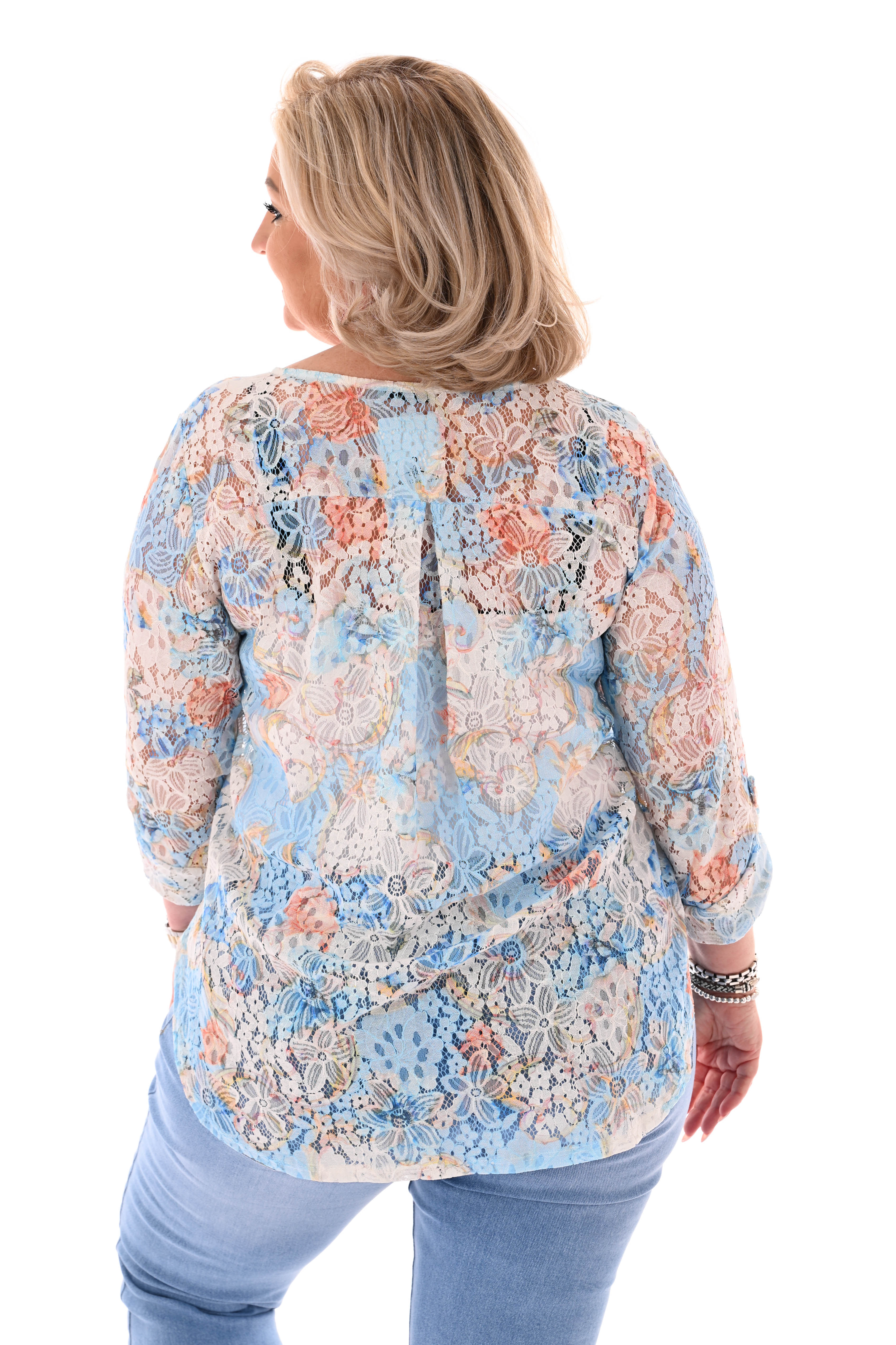 Kanten top bloemen motief multicolour lichtblauw