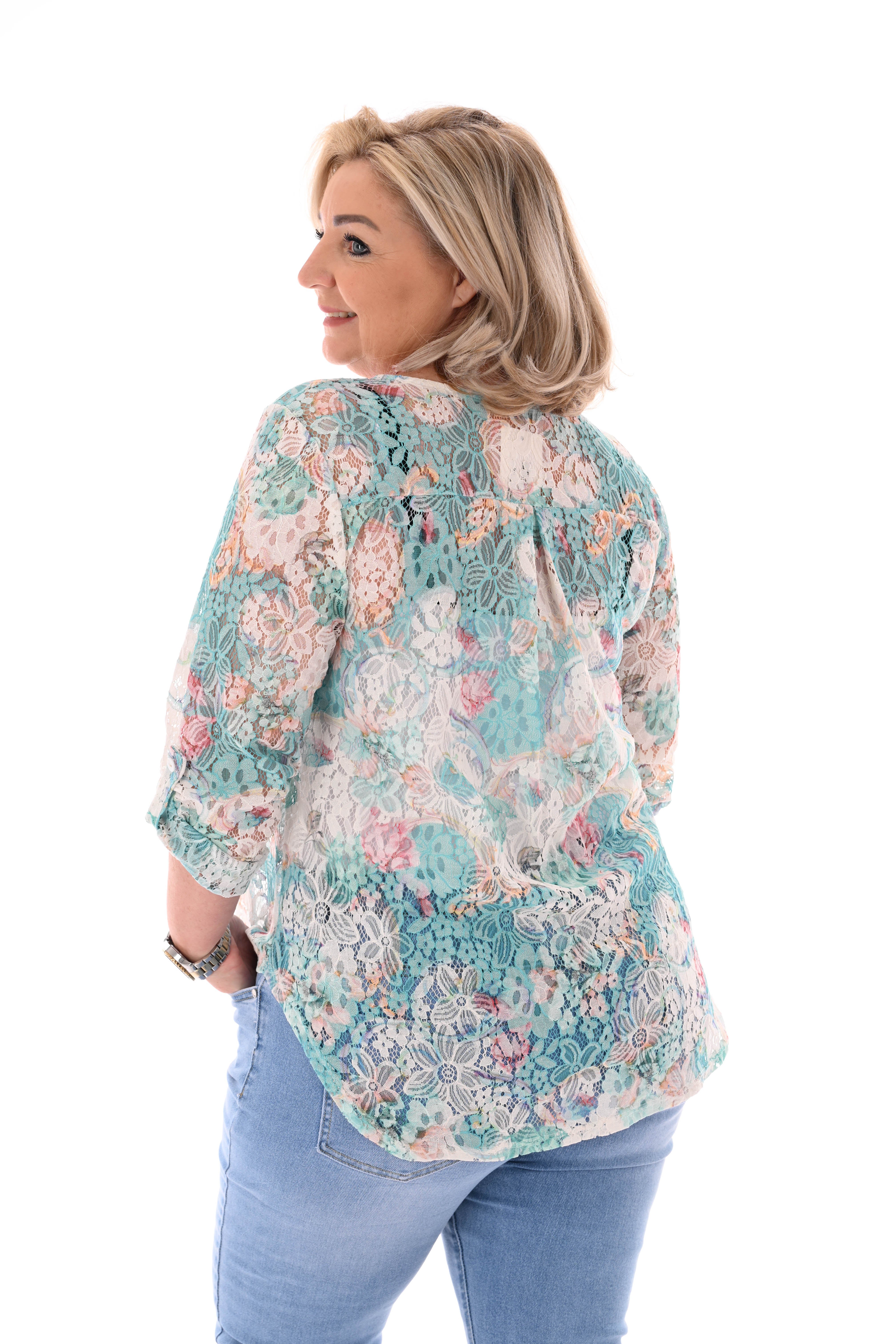 Kanten top bloemen motief multicolour turquoise