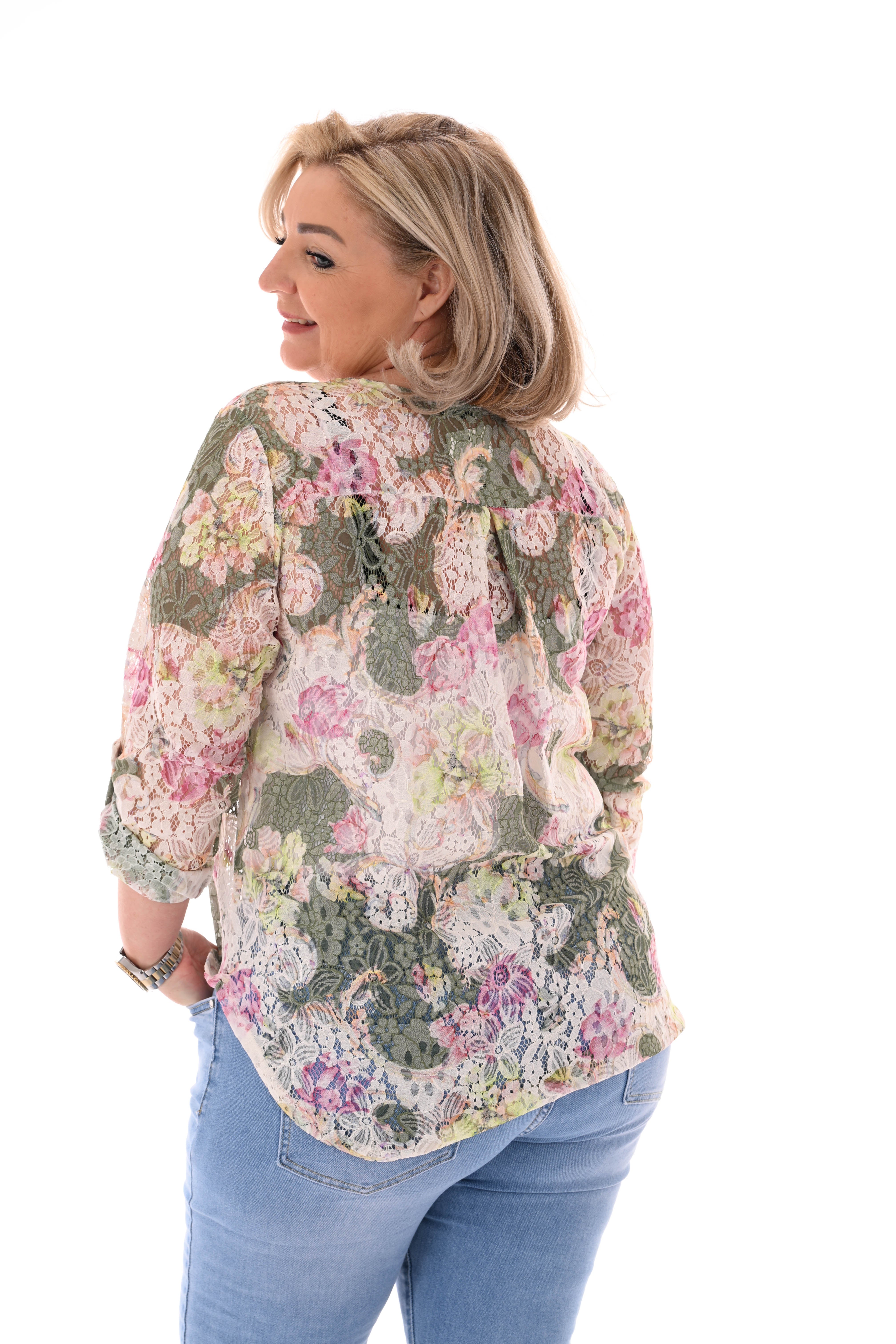 Kanten top bloemen motief multicolour legergroen