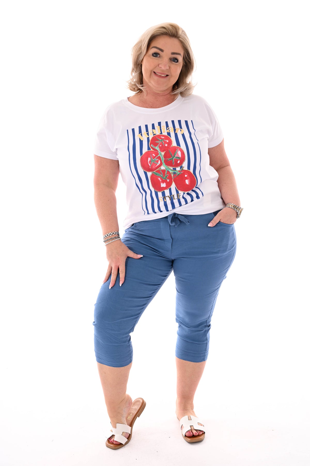 Stretchbroek capri uni jeansblauw