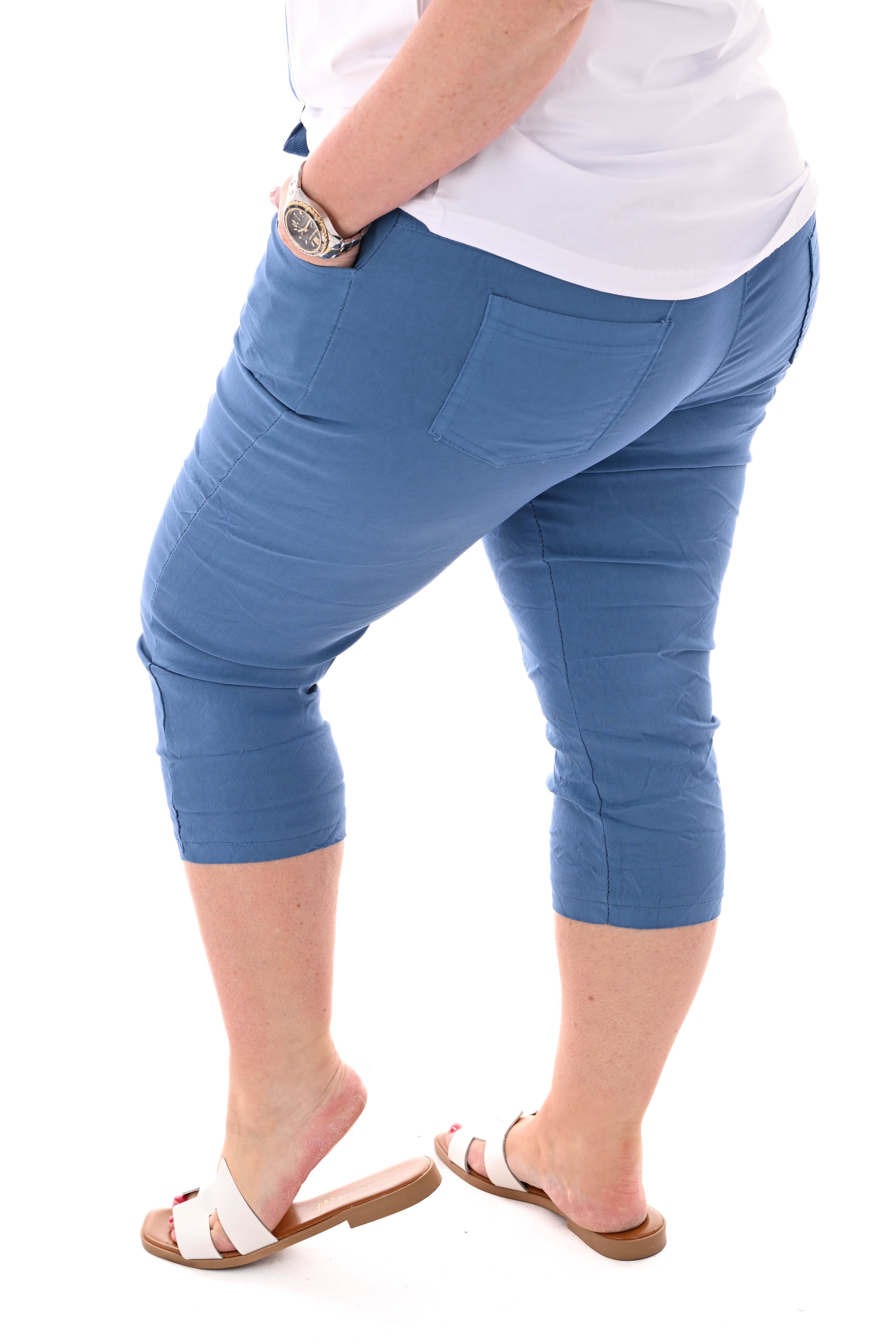 Stretchbroek capri uni jeansblauw