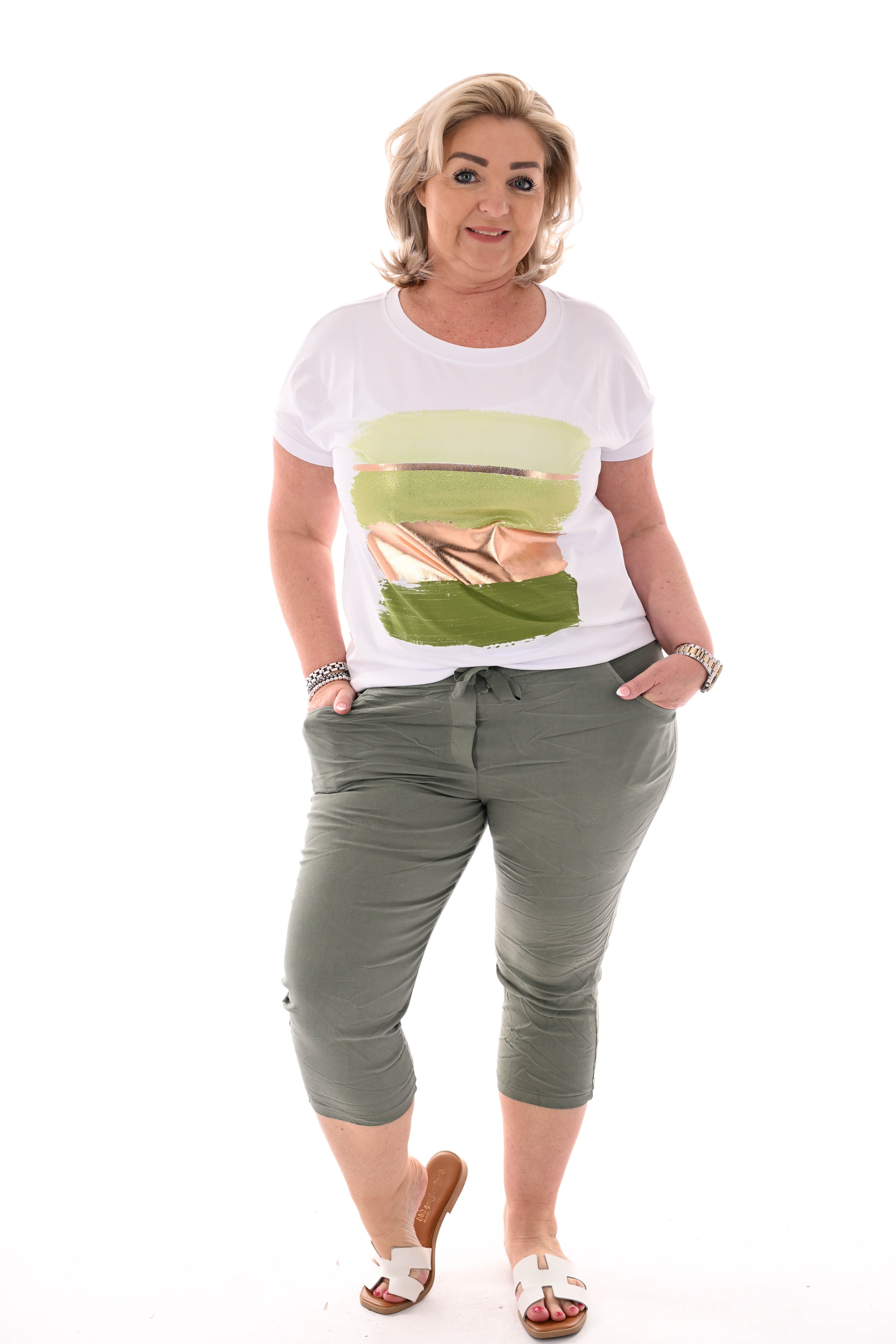 Stretchbroek capri uni legergroen