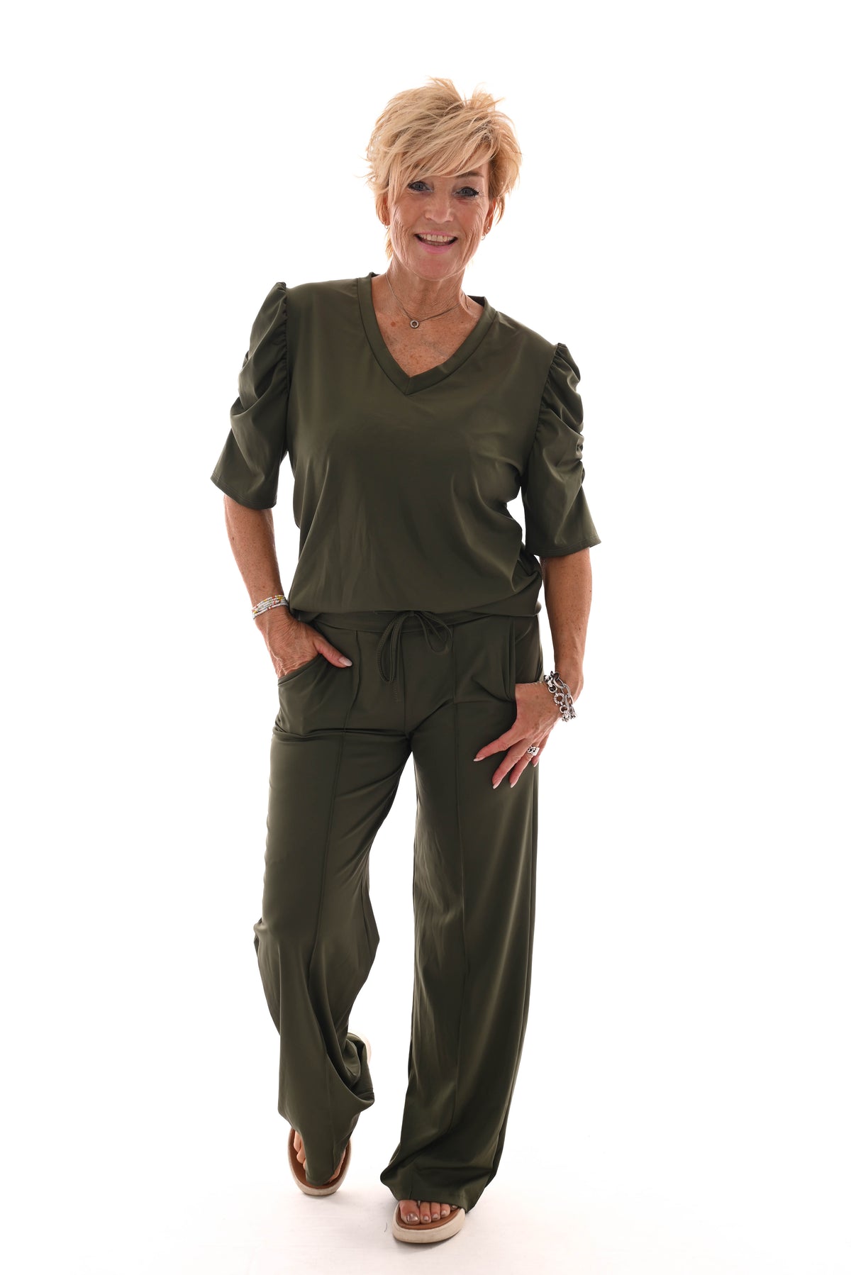 Tweedelig pak gedrapeerde korte mouwen olijf groen