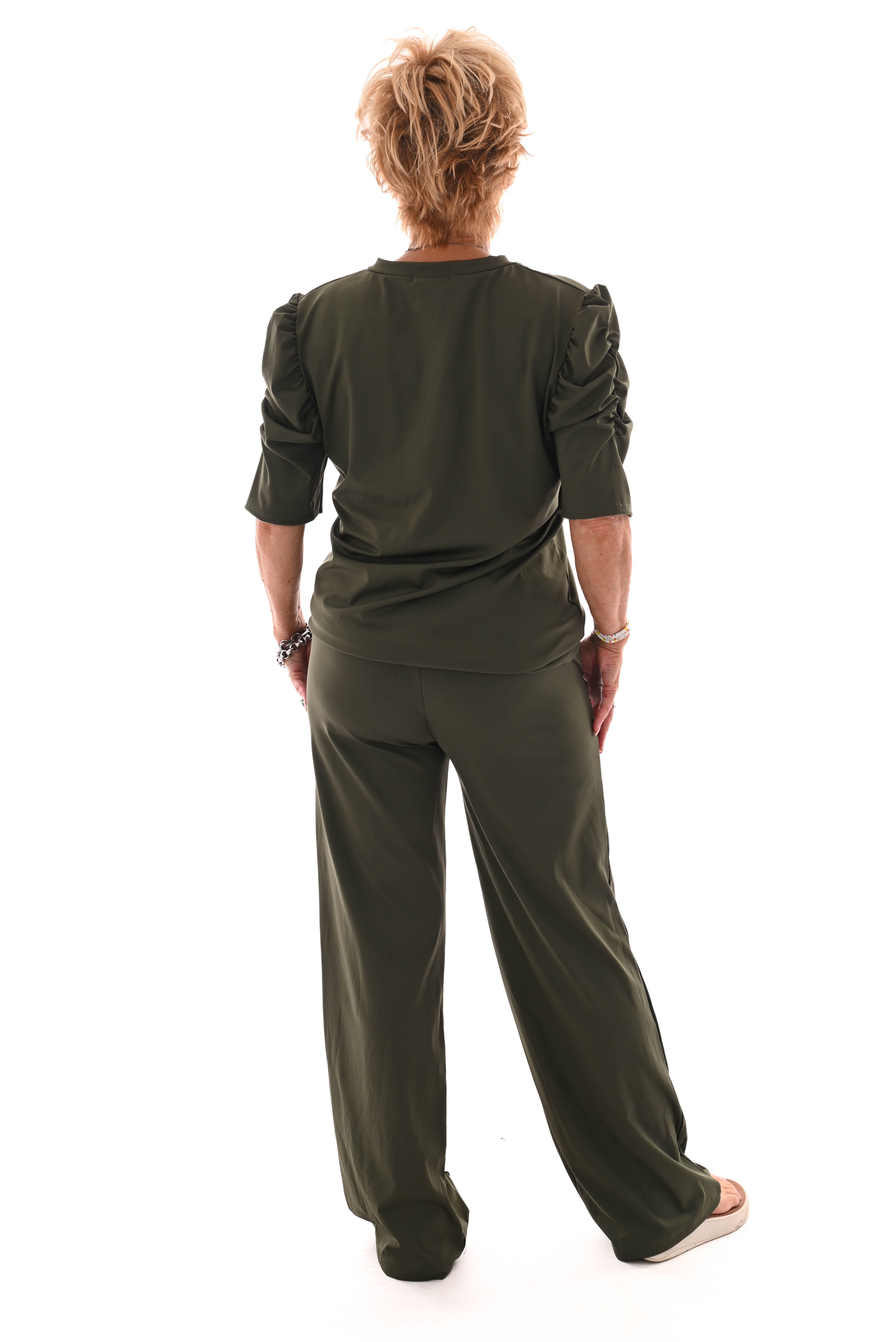 Tweedelig pak gedrapeerde korte mouwen olijf groen