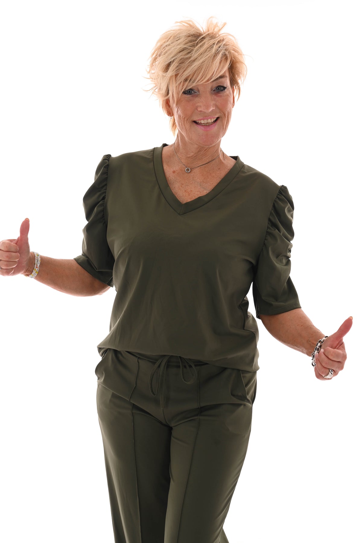 Tweedelig pak gedrapeerde korte mouwen olijf groen