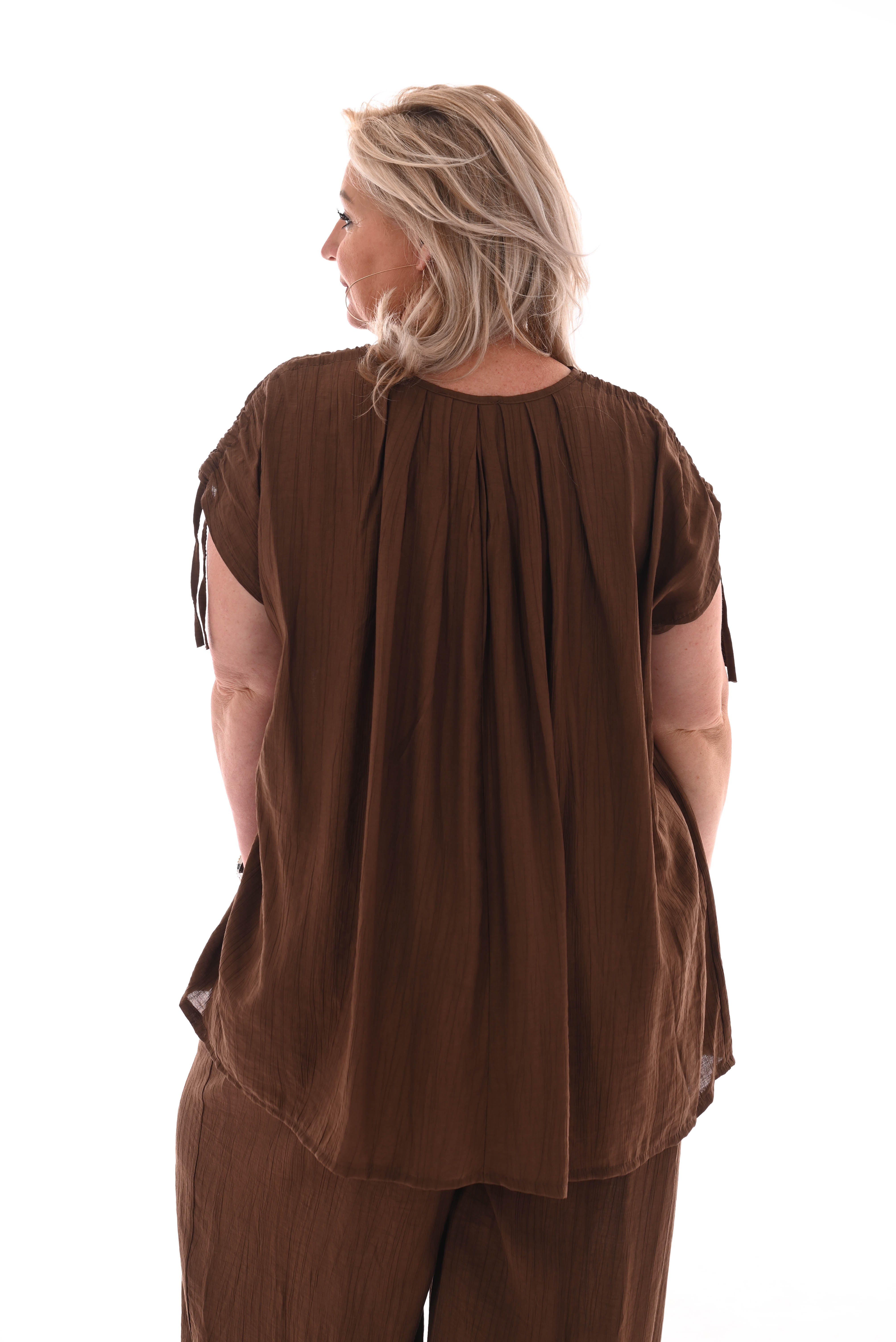 Tweedelig set crepe schouder detail bruin