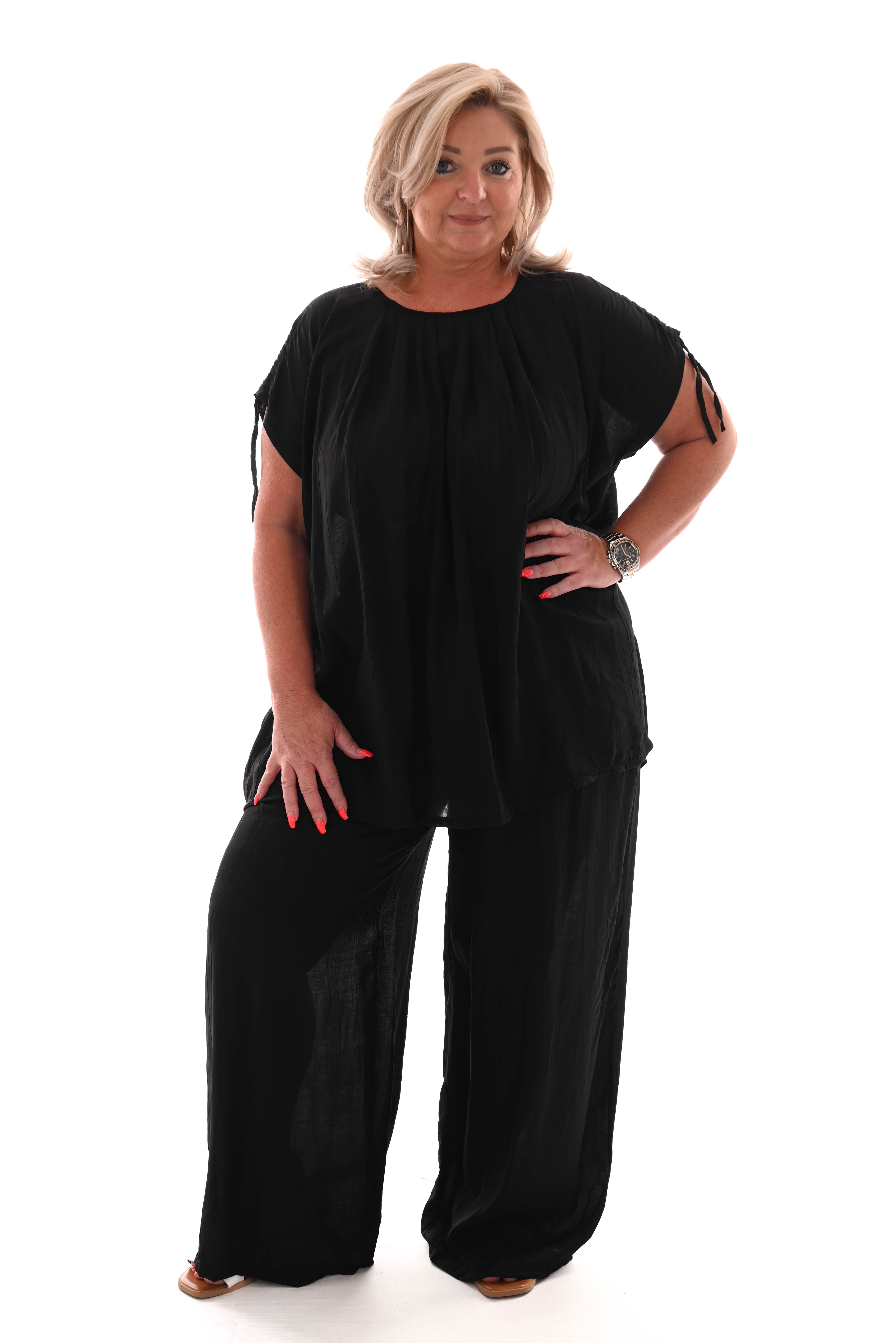 Tweedelig set crepe schouder detail zwart
