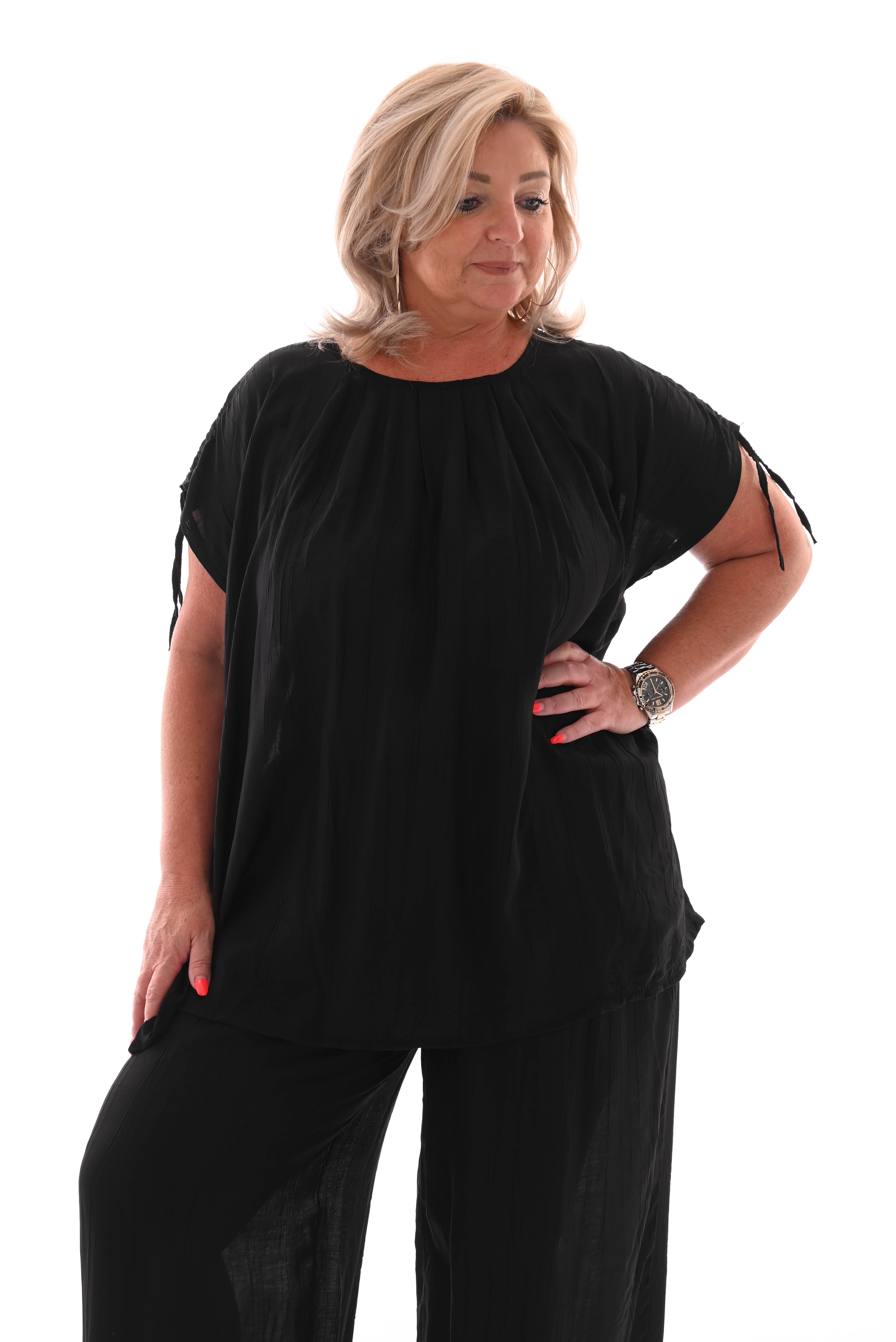 Tweedelig set crepe schouder detail zwart
