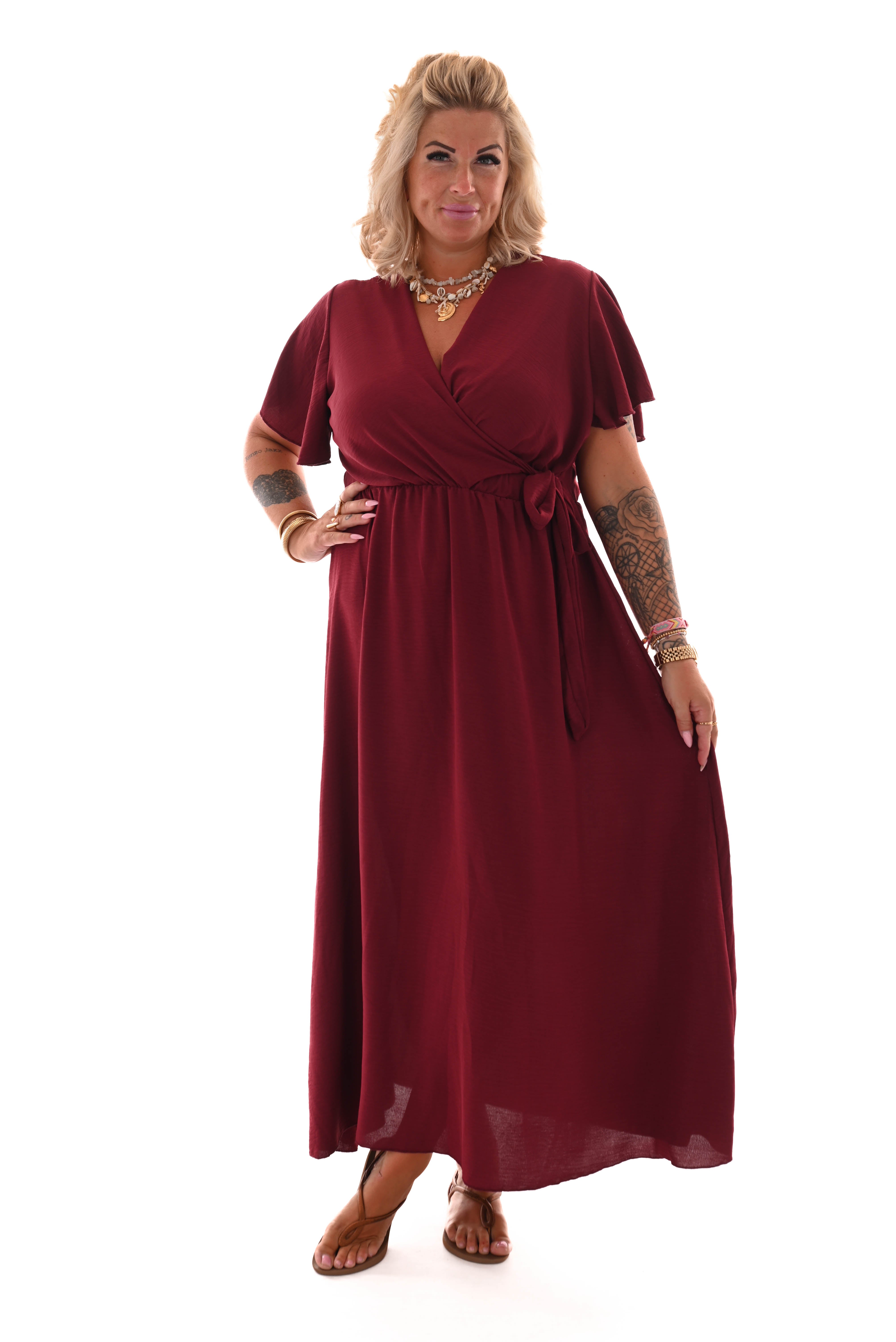 Maxi jurk met strik uni bordeaux