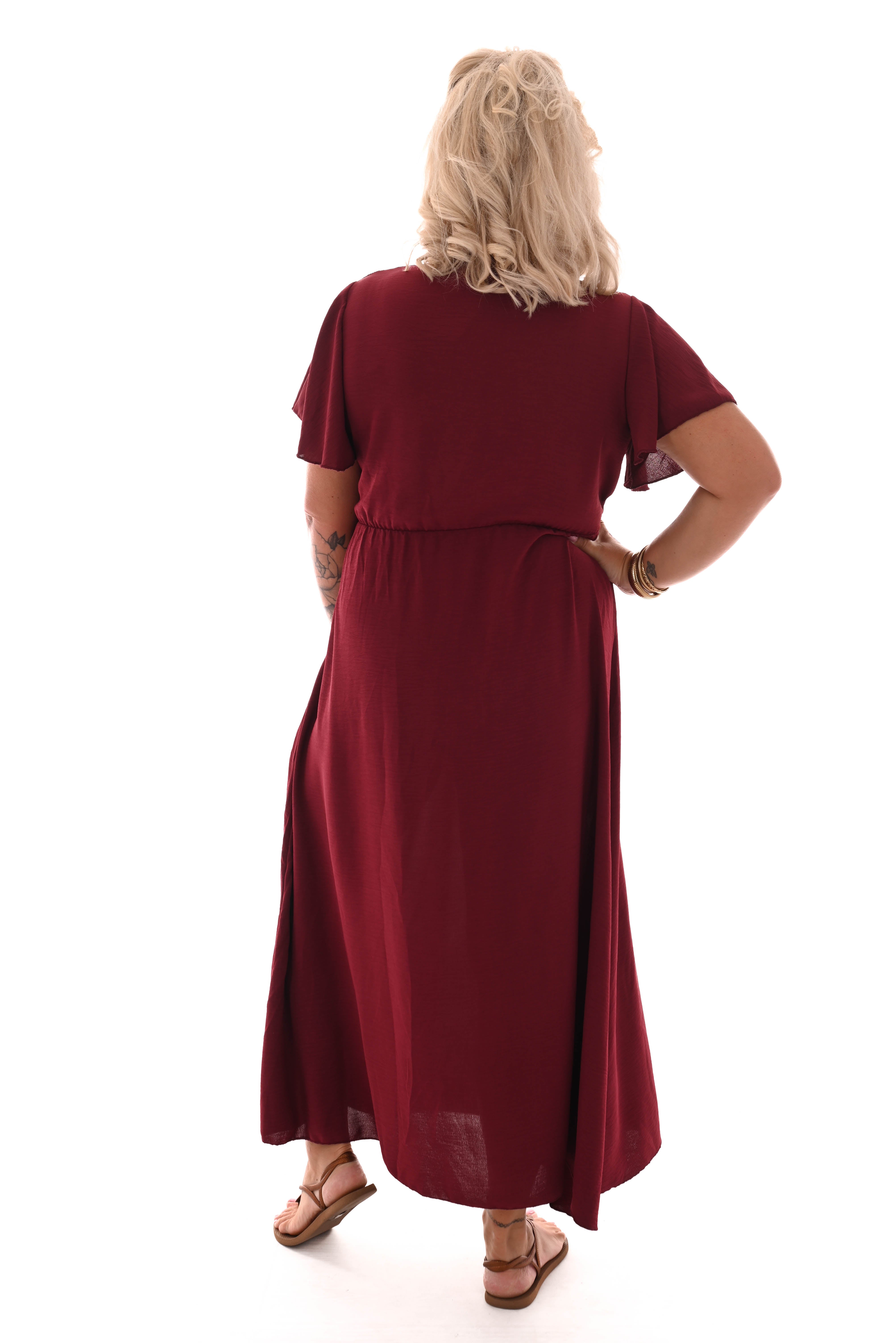 Maxi jurk met strik uni bordeaux