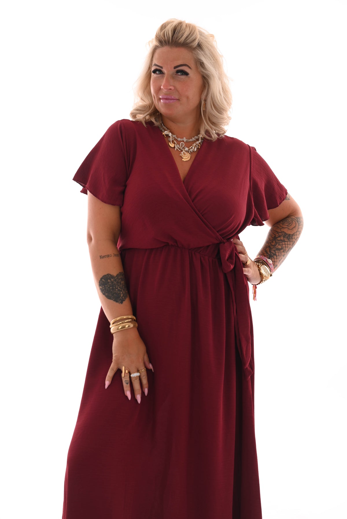 Maxi jurk met strik uni bordeaux