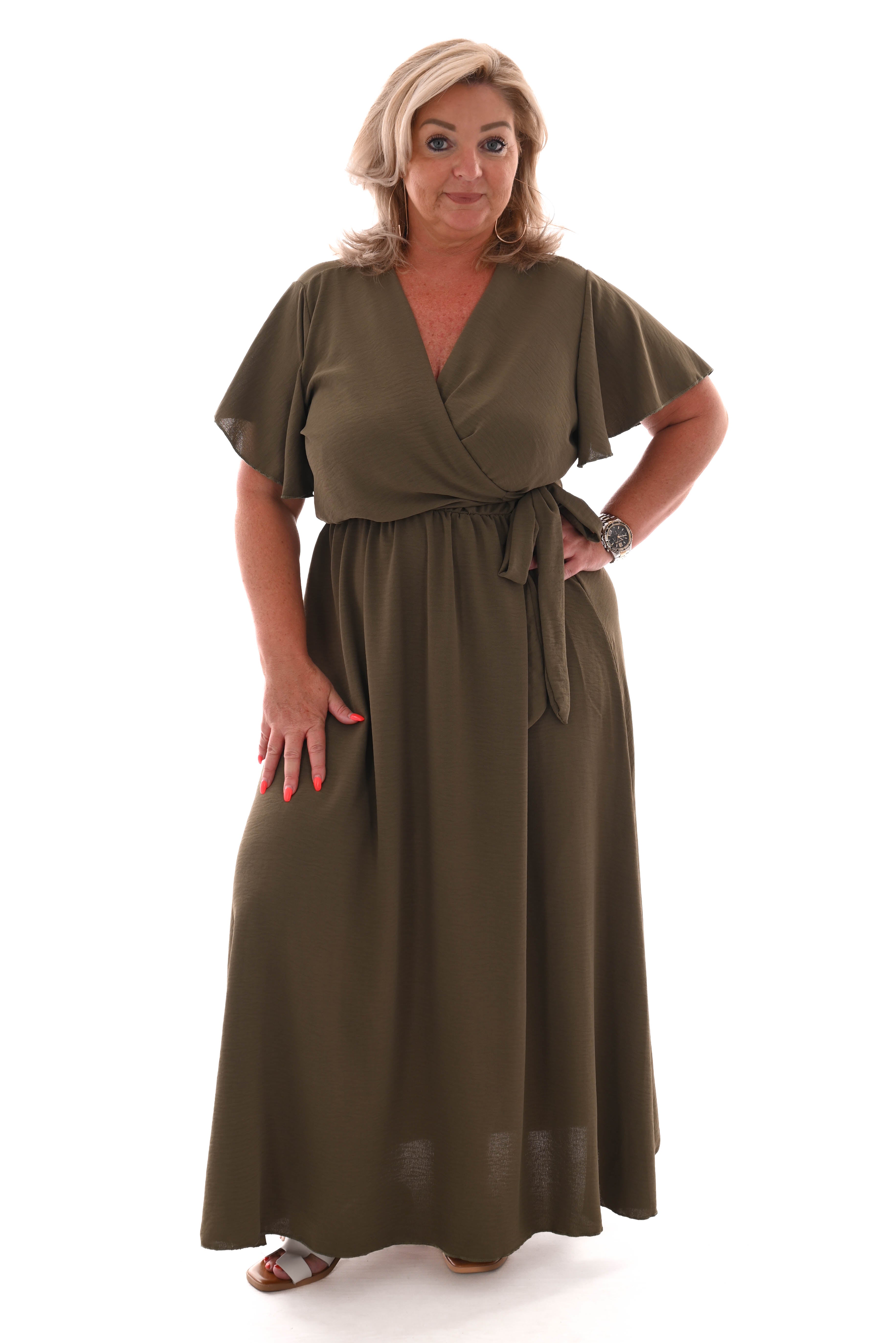 Maxi jurk met strik uni legergroen