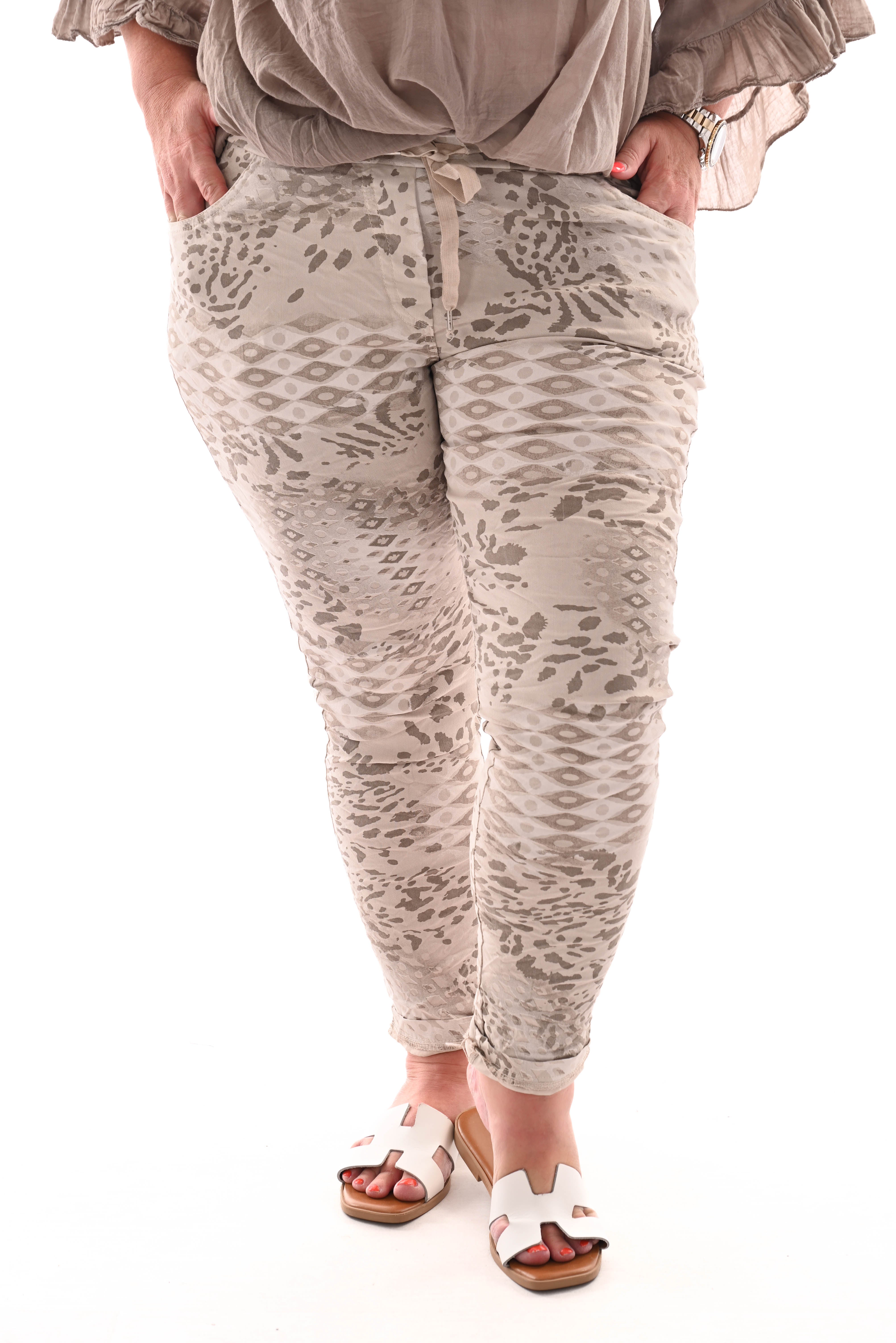 Stretchbroek panter en ruit beige/taupe