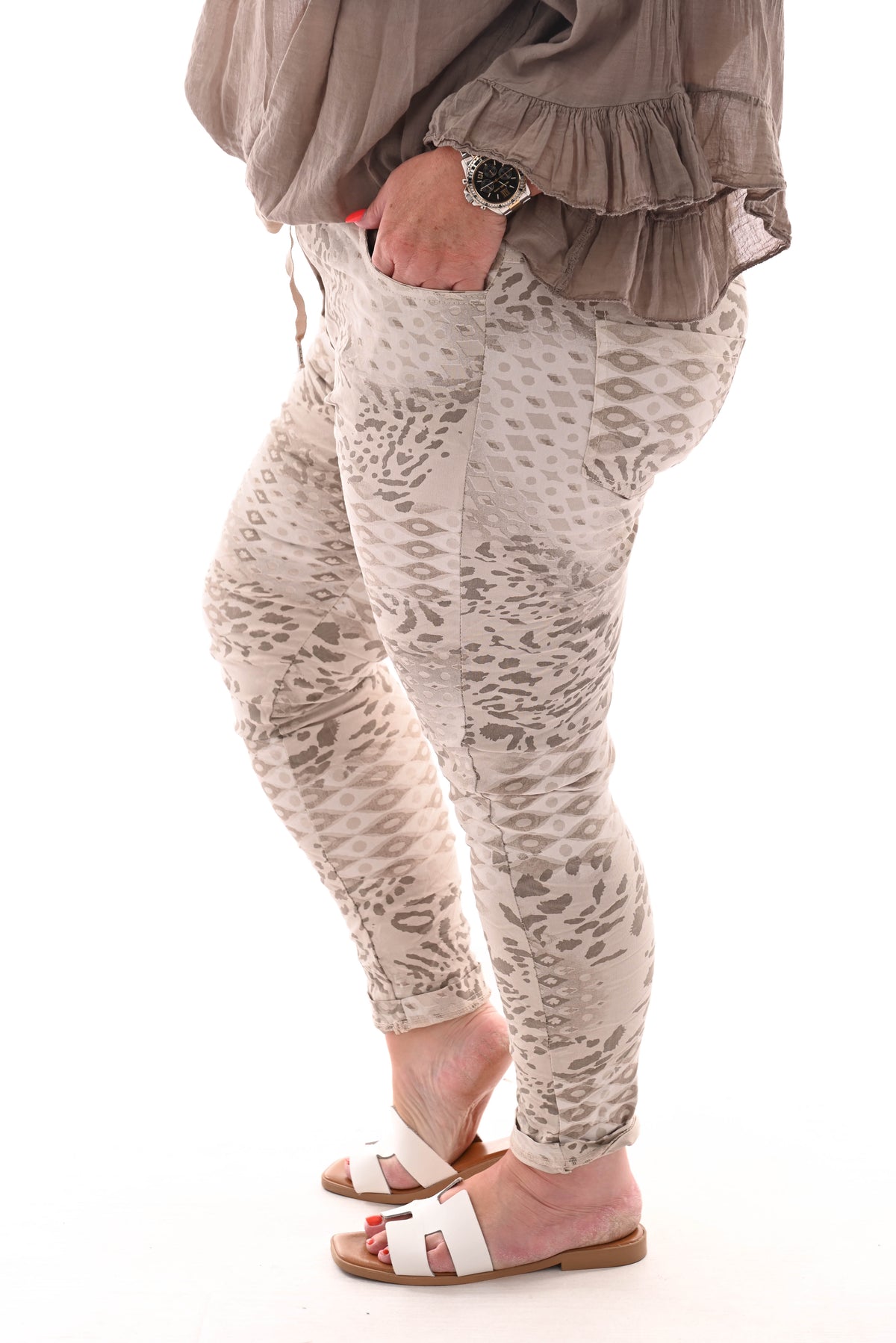 Stretchbroek panter en ruit beige/taupe