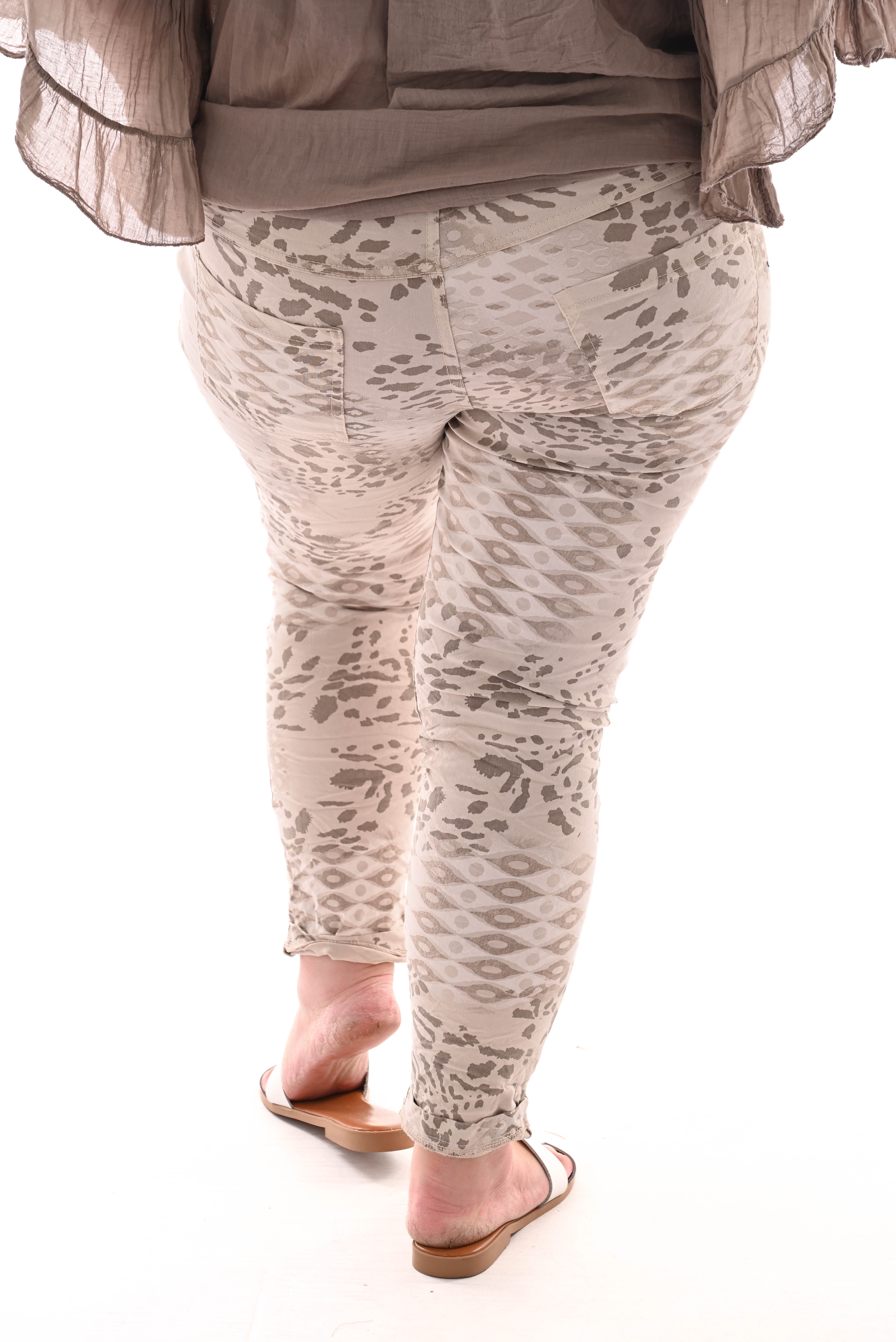 Stretchbroek panter en ruit beige/taupe