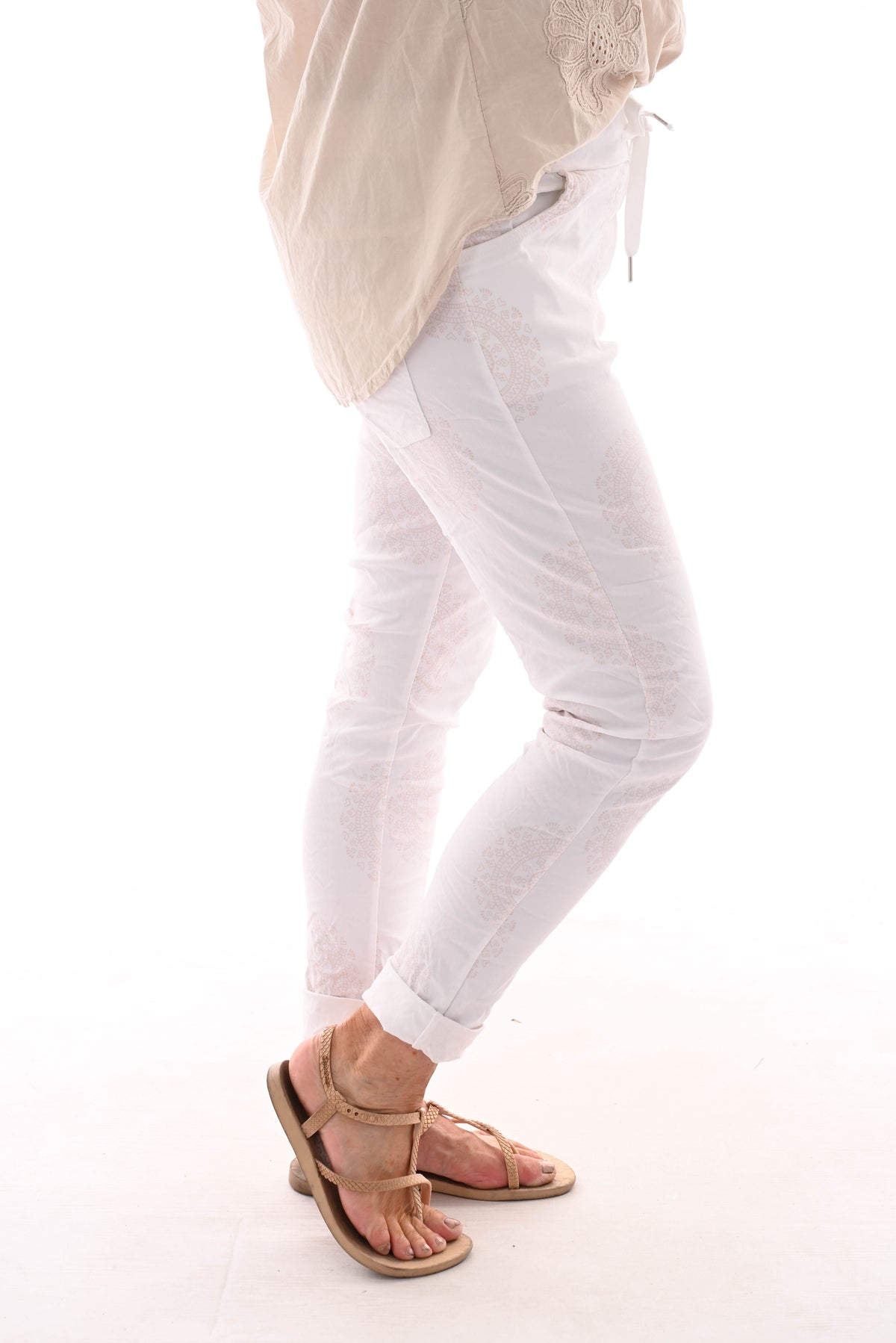 Stretchbroek mandala roomwit
