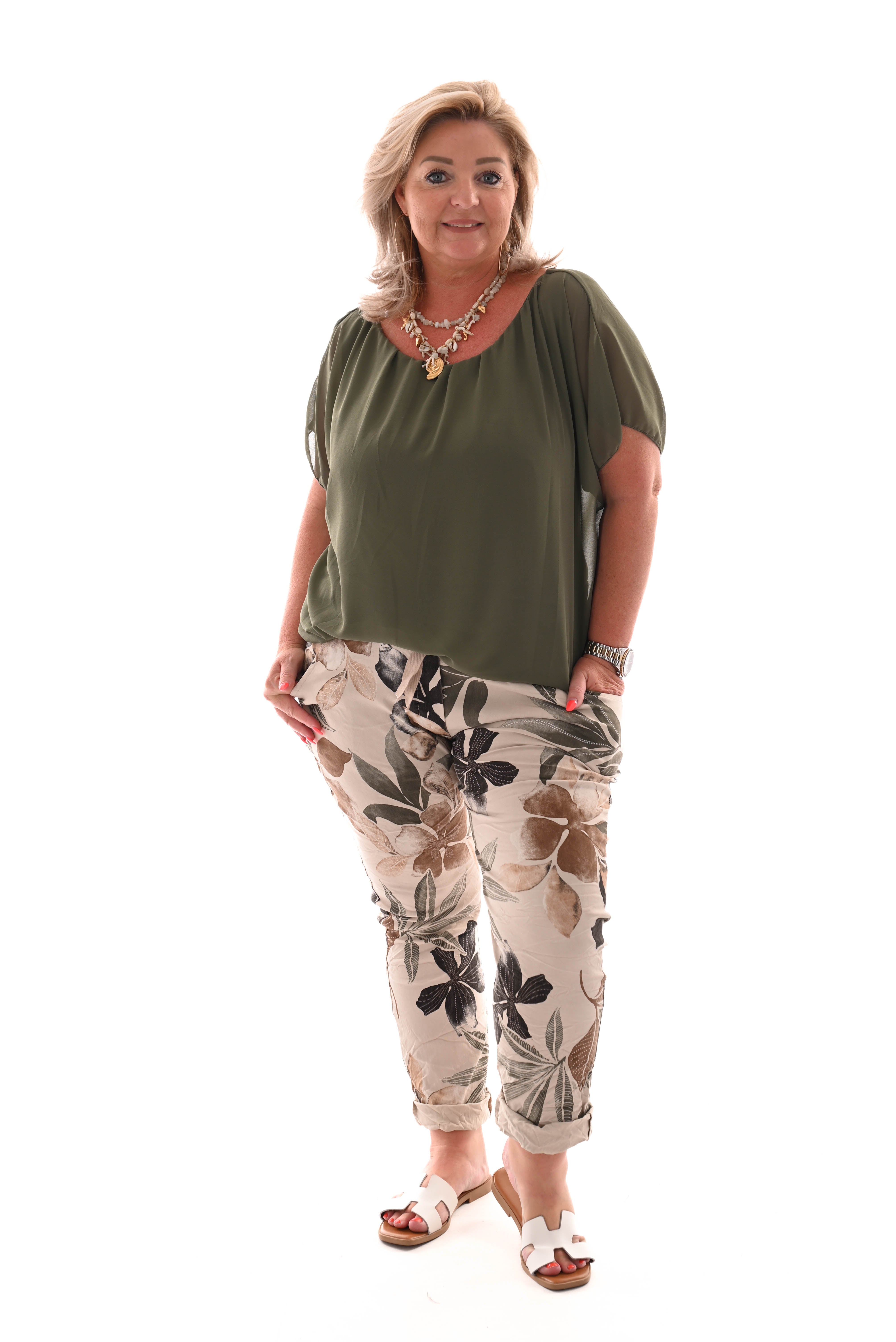 Stretchbroek bladeren bruin/groen
