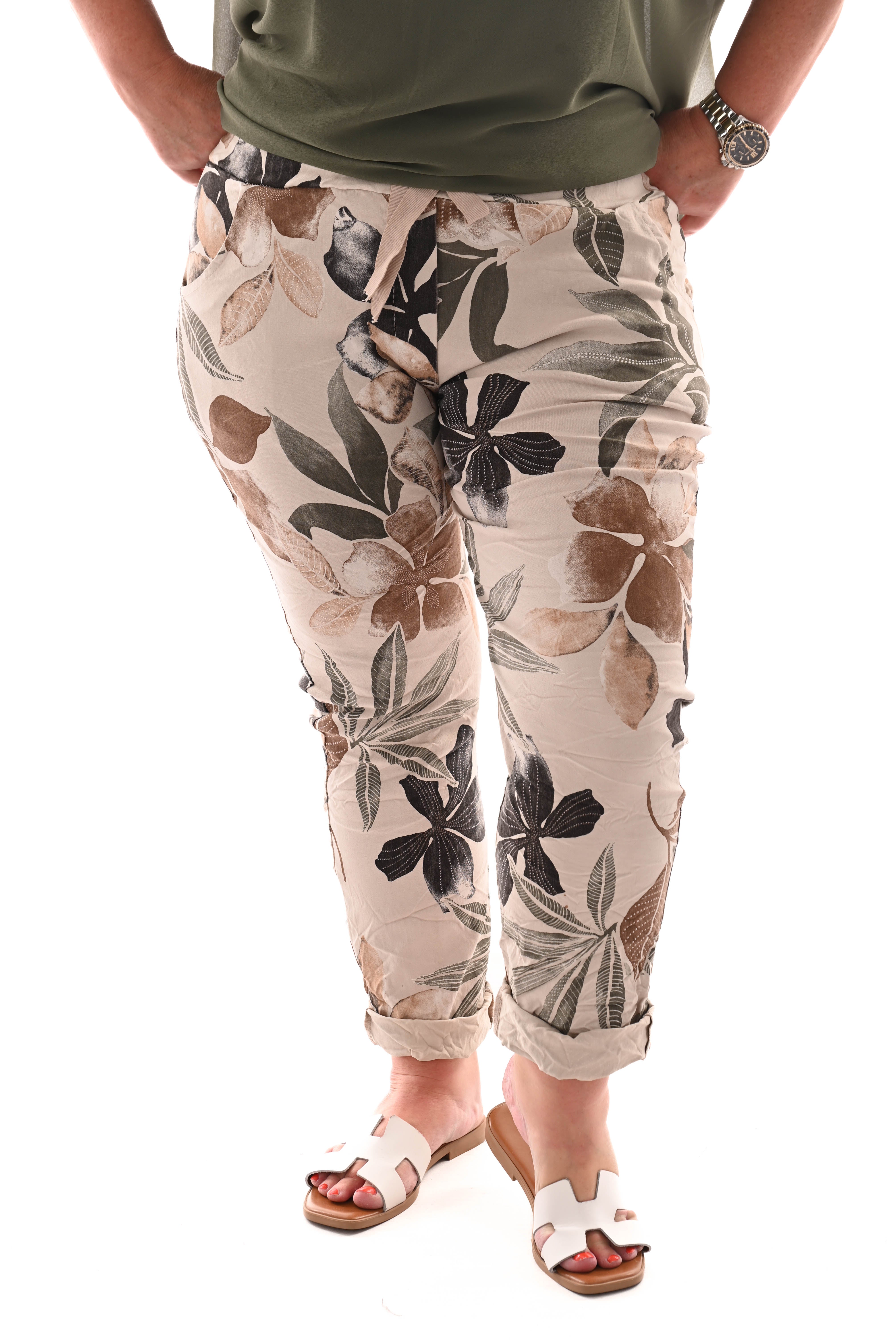 Stretchbroek bladeren bruin/groen