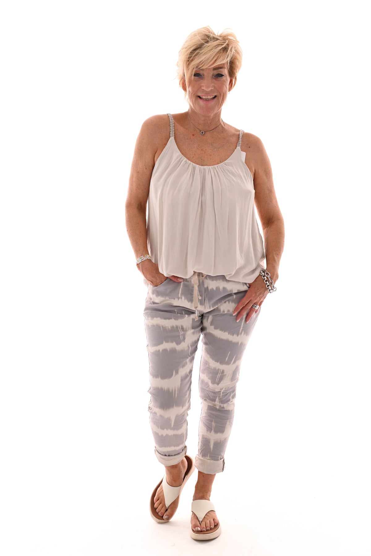 Stretchbroek tie-dye strepen beige/roomwit