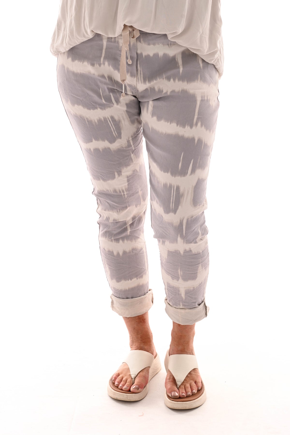 Stretchbroek tie-dye strepen beige/roomwit