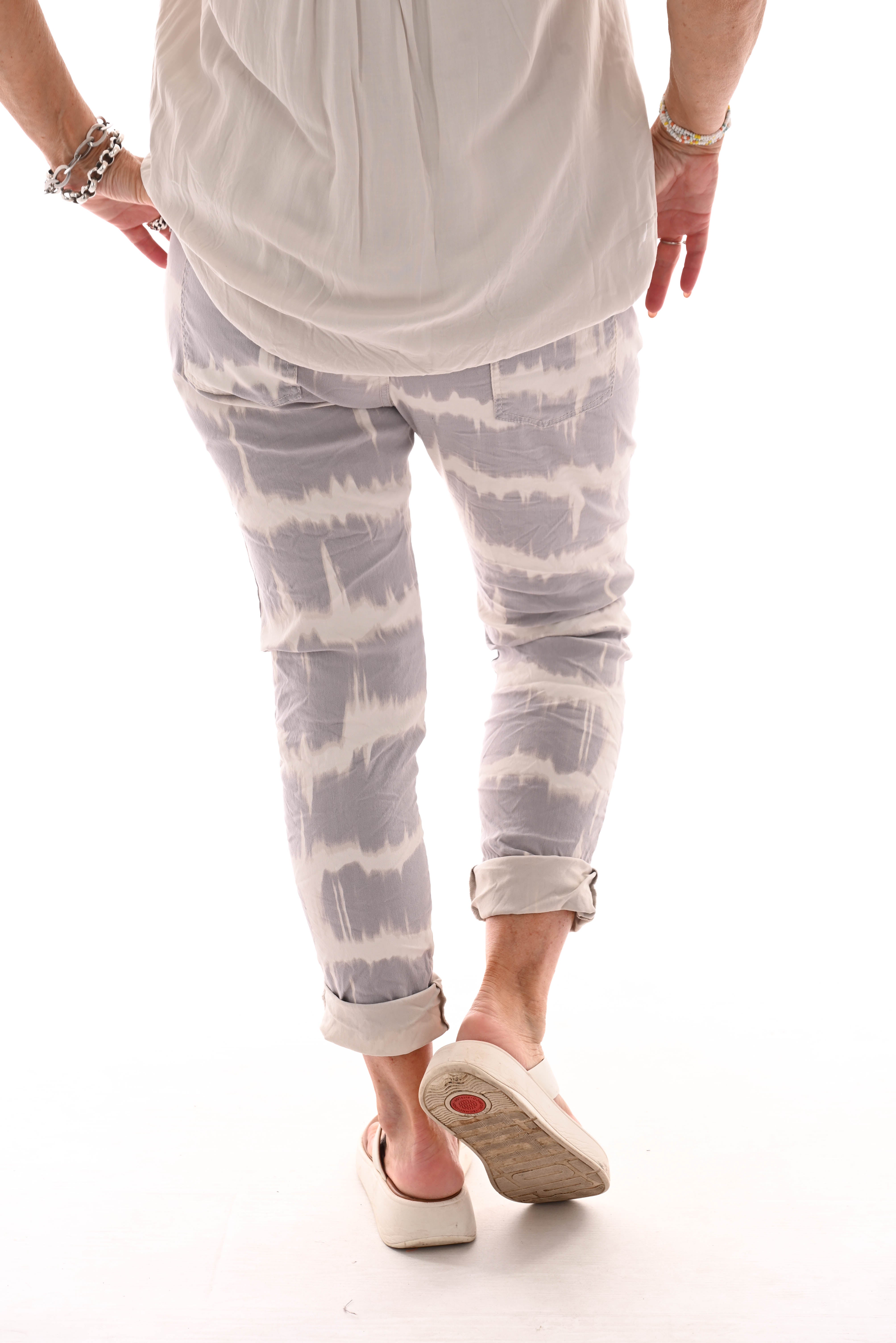 Stretchbroek tie-dye strepen beige/roomwit