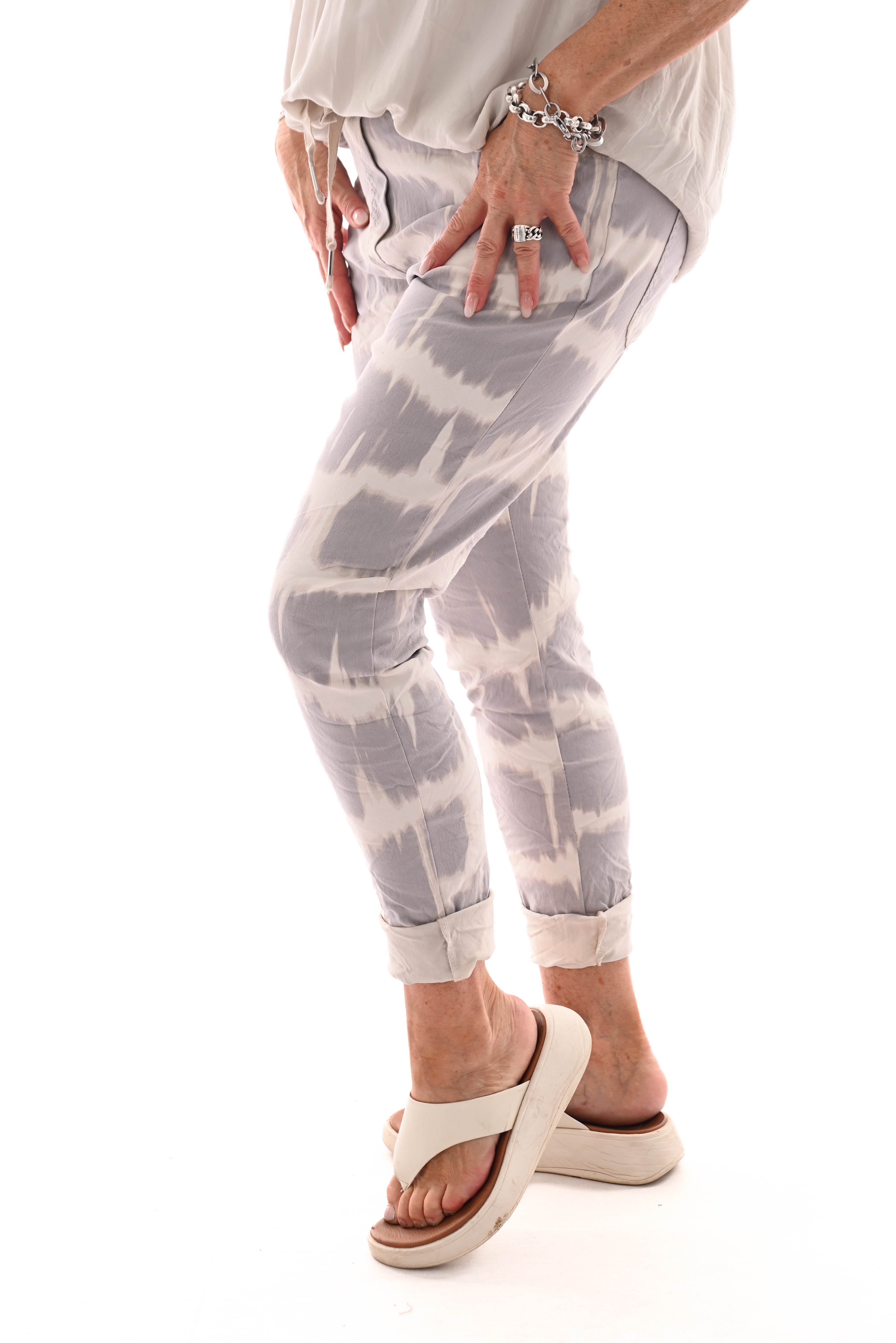 Stretchbroek tie-dye strepen beige/roomwit