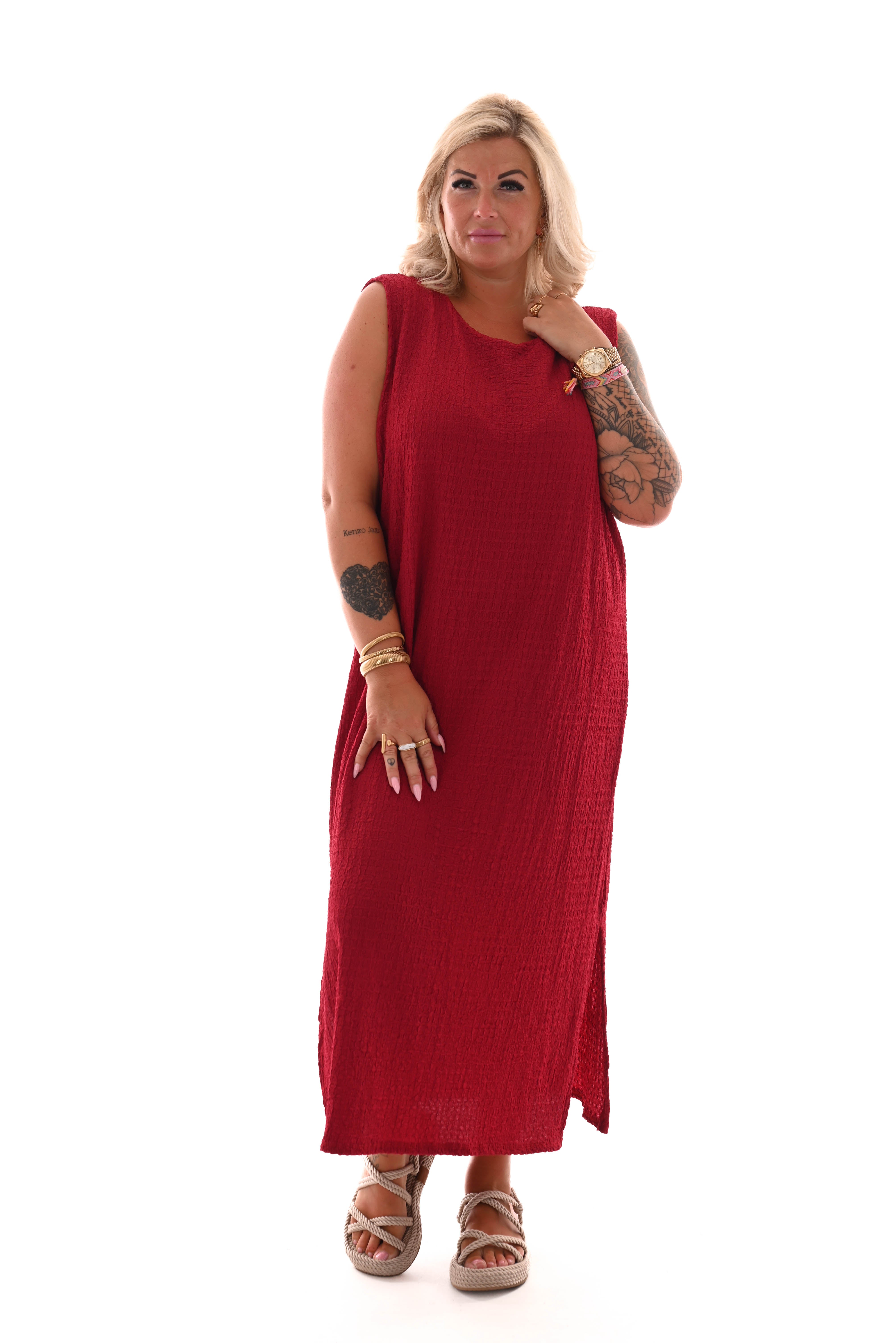Lange jurk mouwloos crepe rood