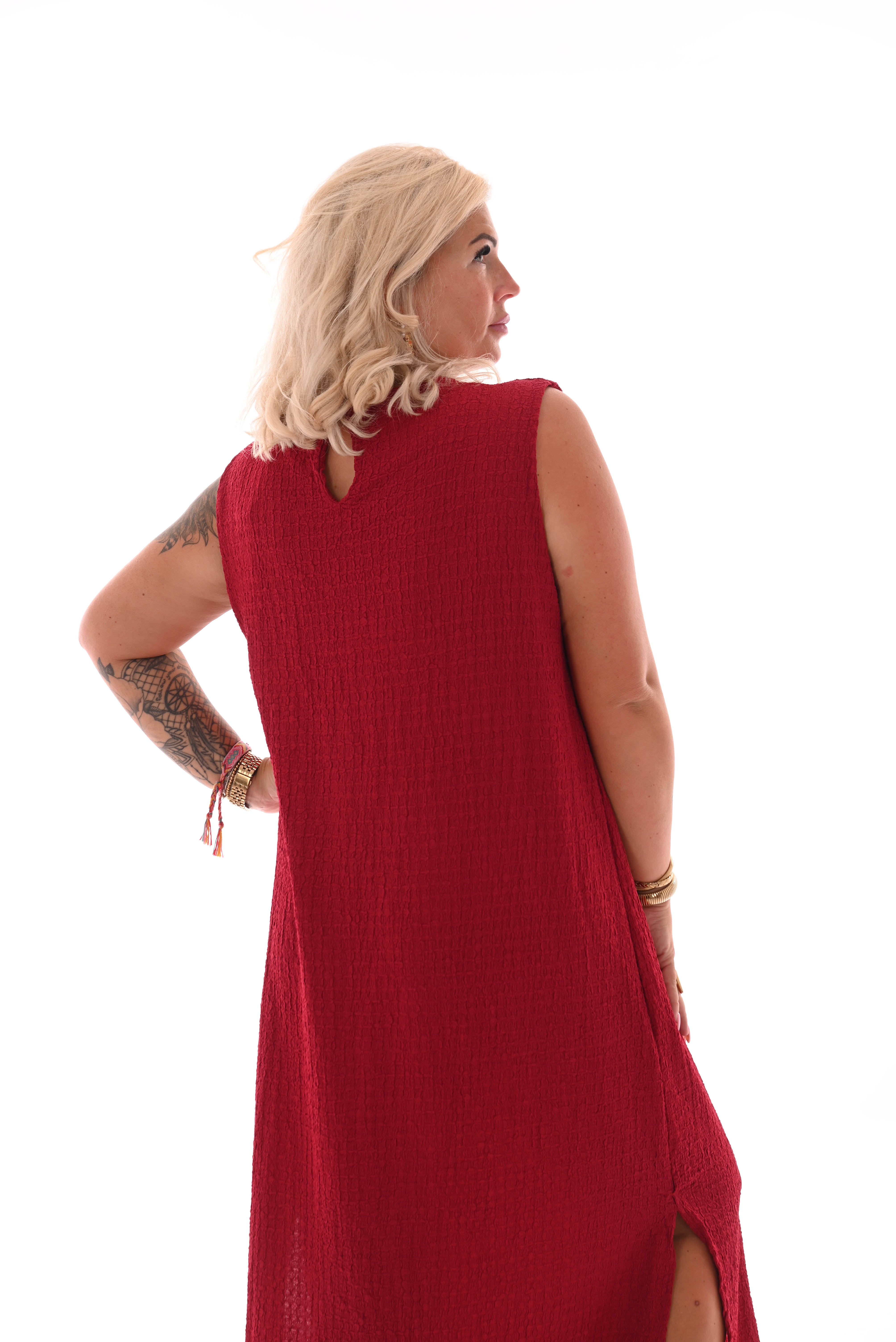 Lange jurk mouwloos crepe rood