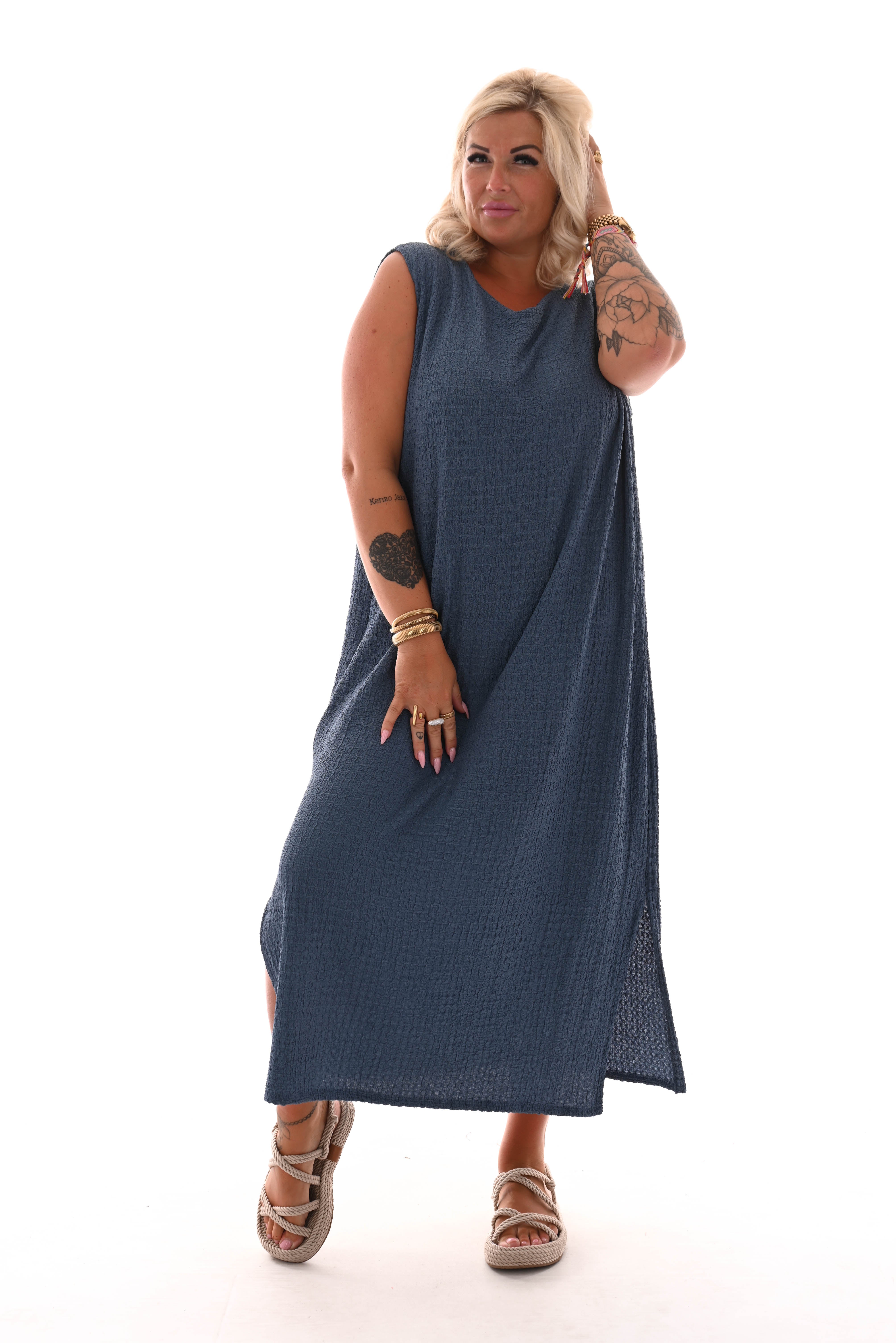 Lange jurk mouwloos crepe blauw