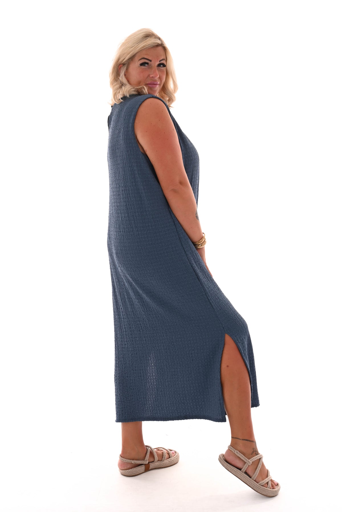 Lange jurk mouwloos crepe blauw