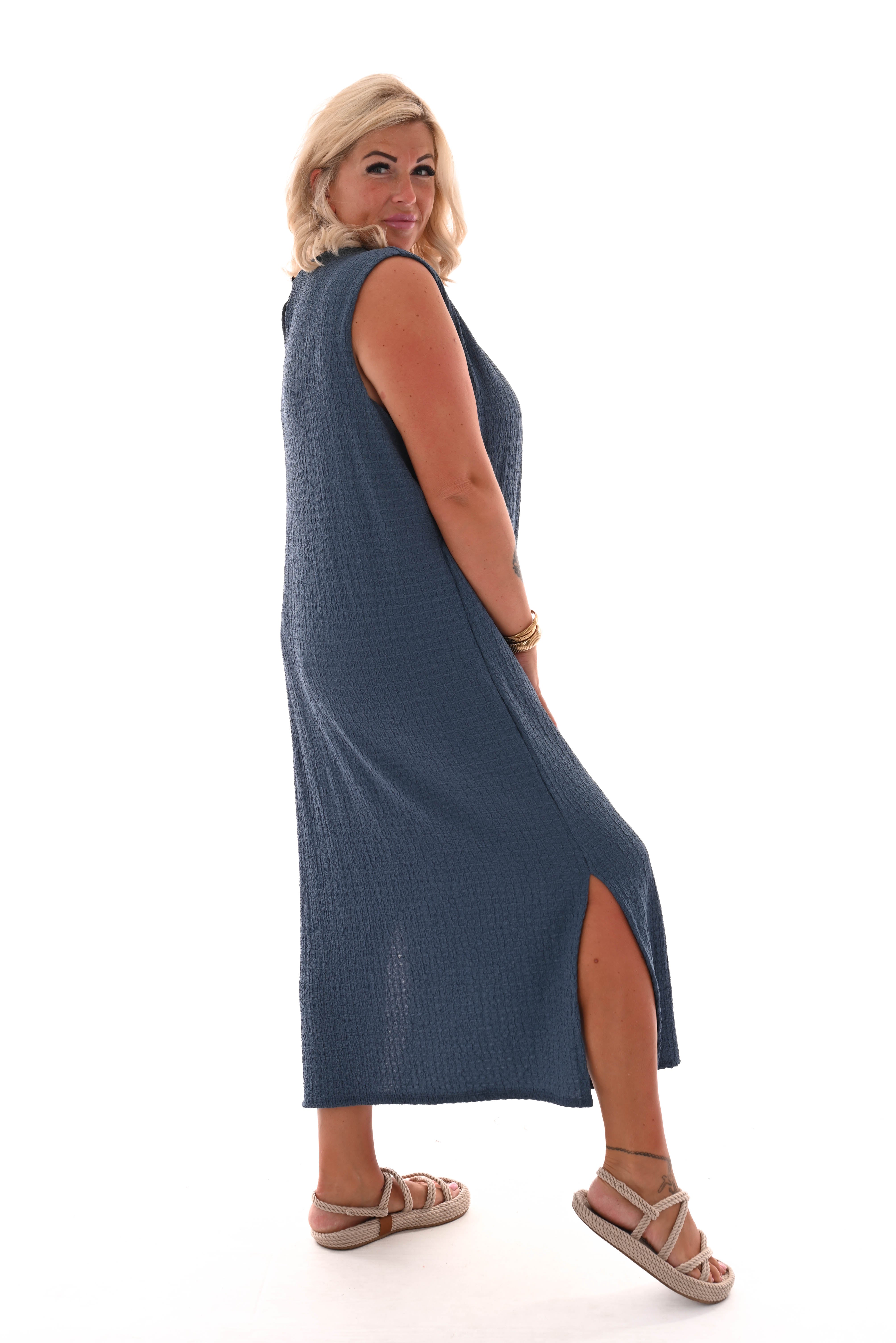 Lange jurk mouwloos crepe blauw