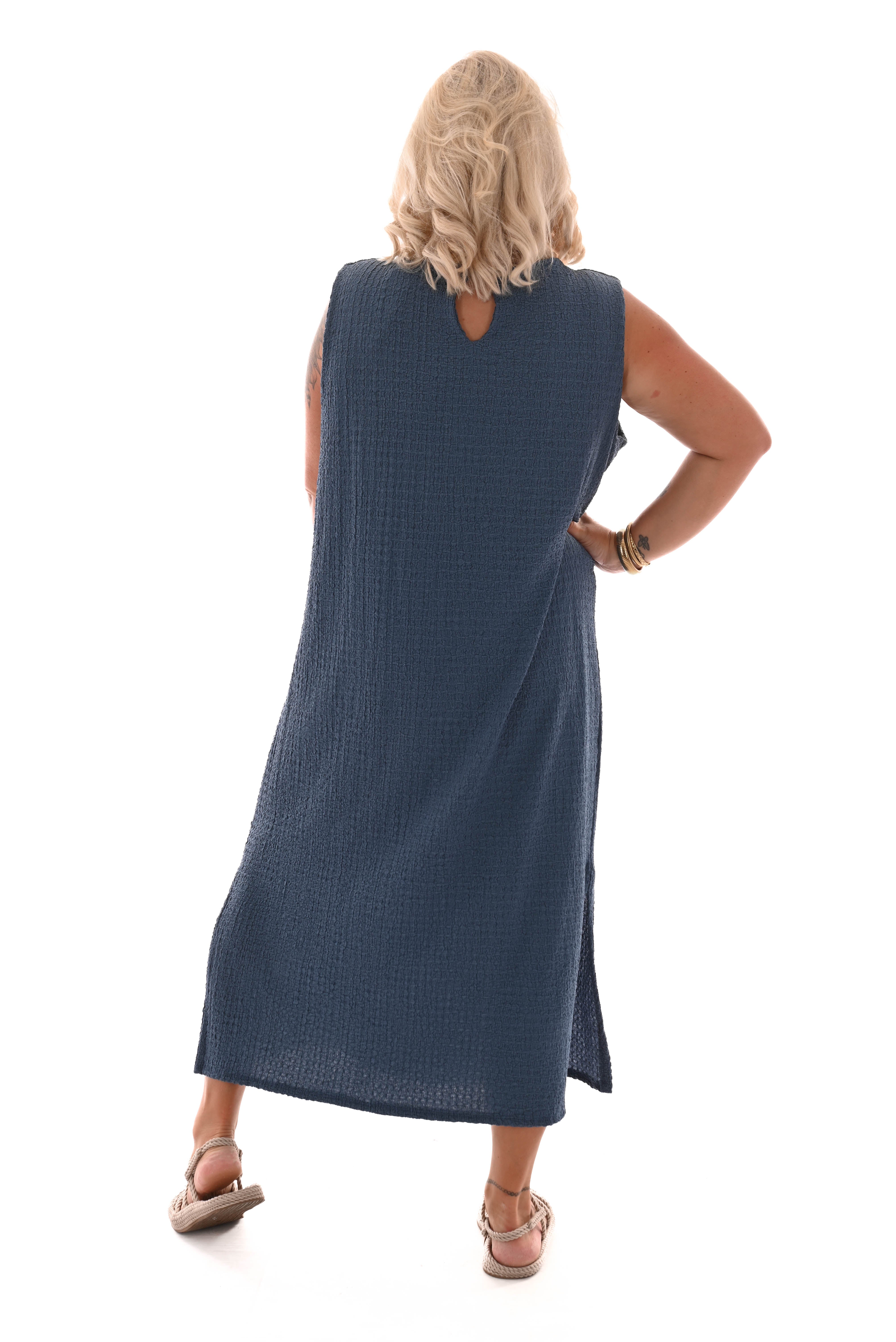 Lange jurk mouwloos crepe blauw