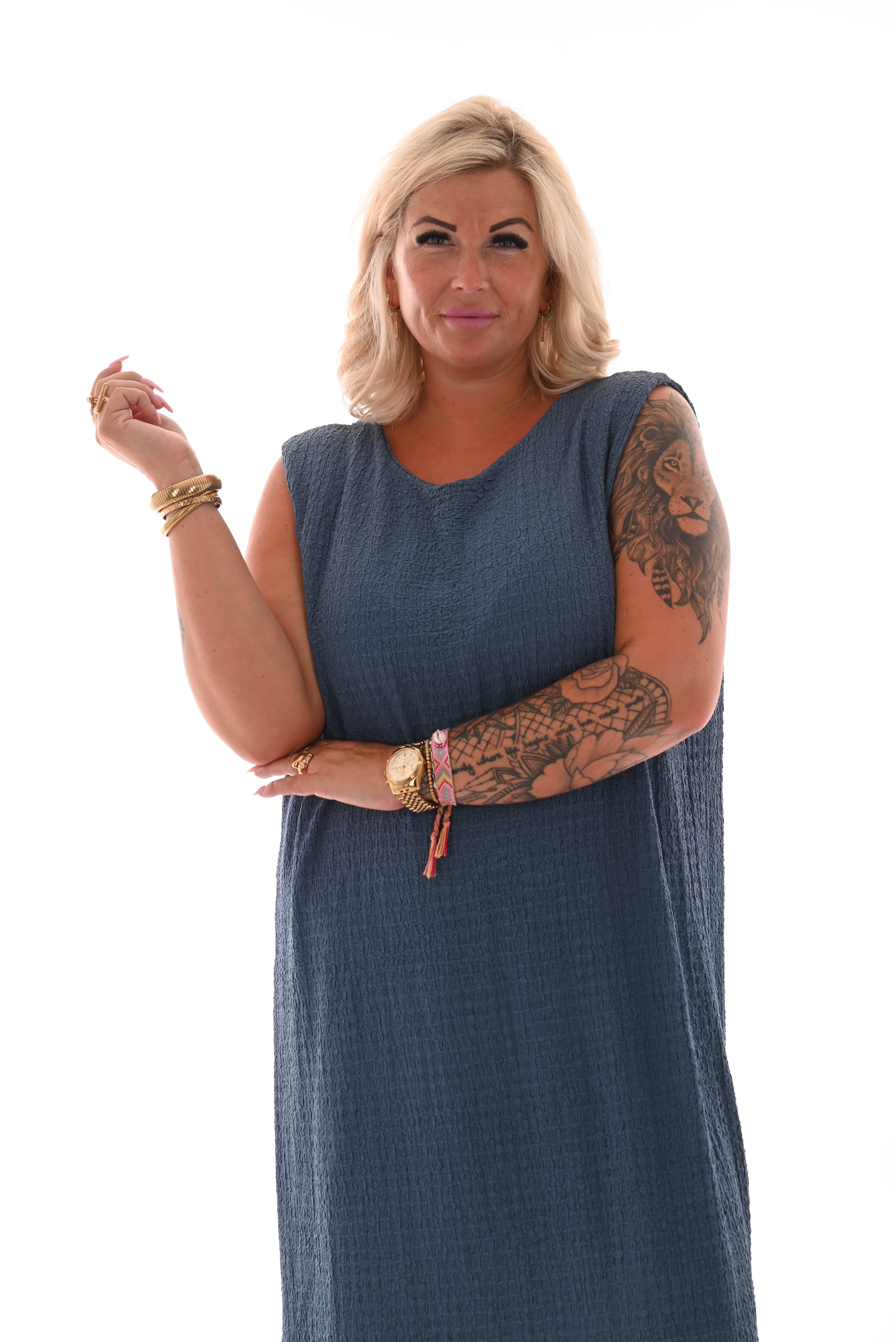 Lange jurk mouwloos crepe blauw