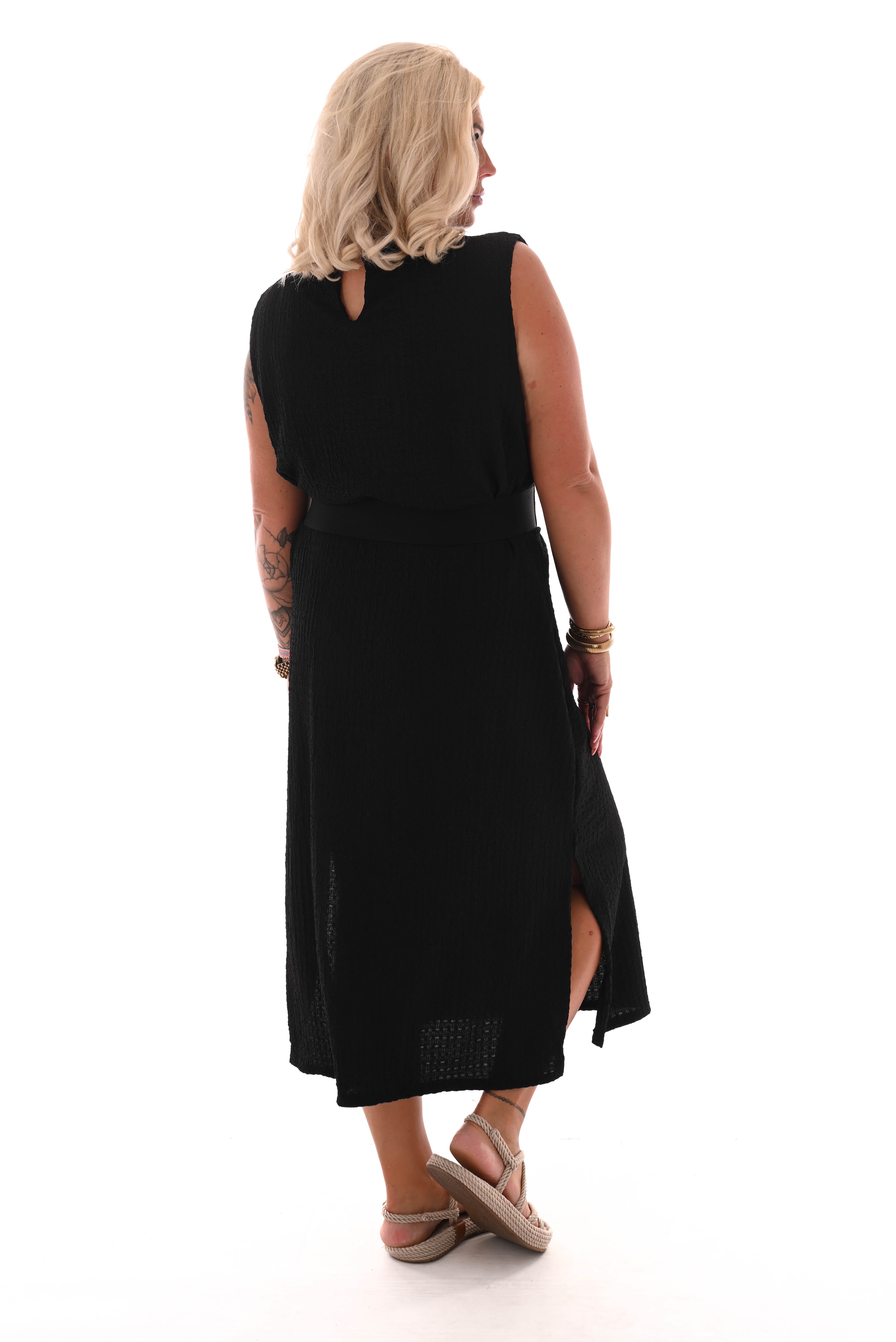 Lange jurk mouwloos crepe zwart