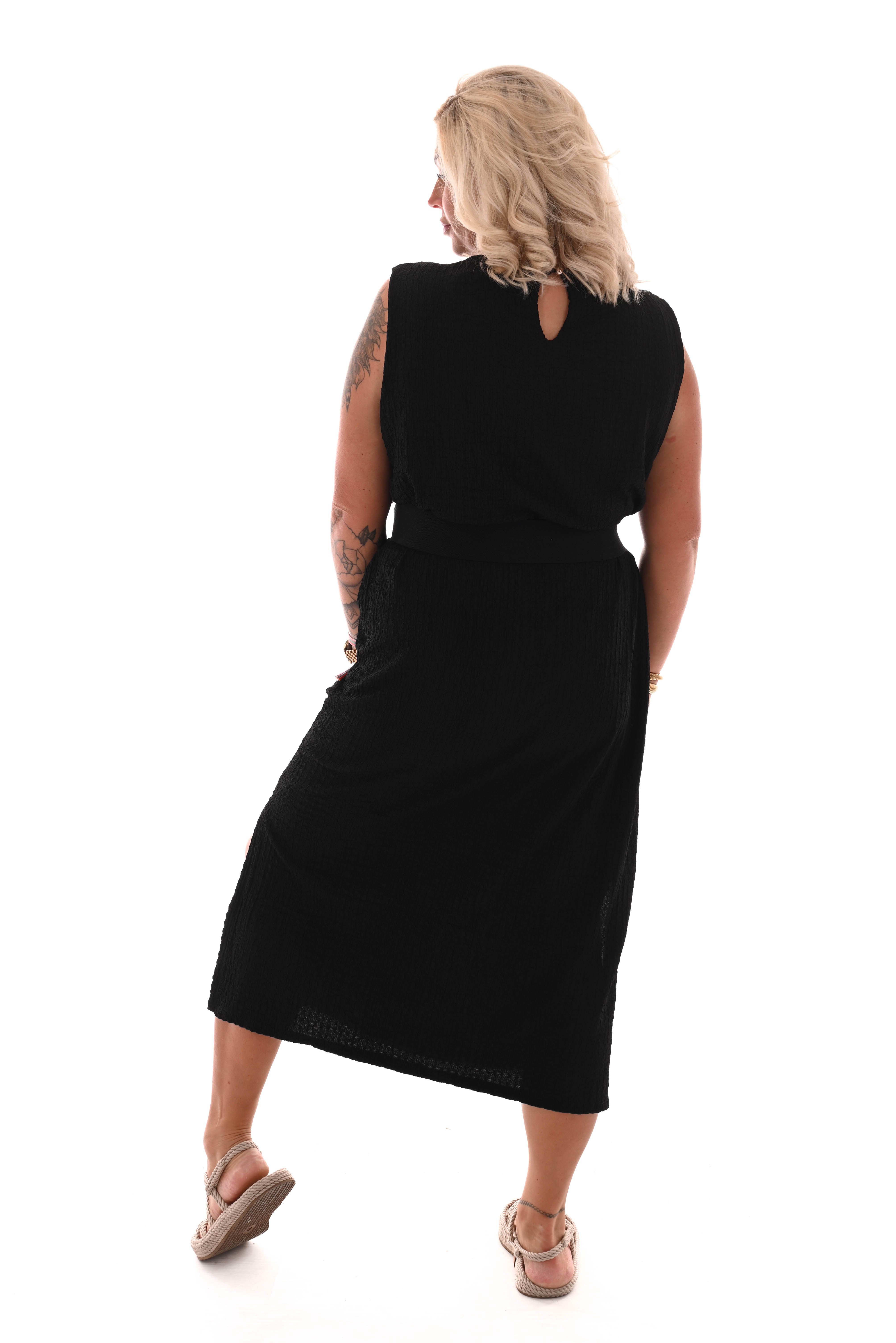 Lange jurk mouwloos crepe zwart