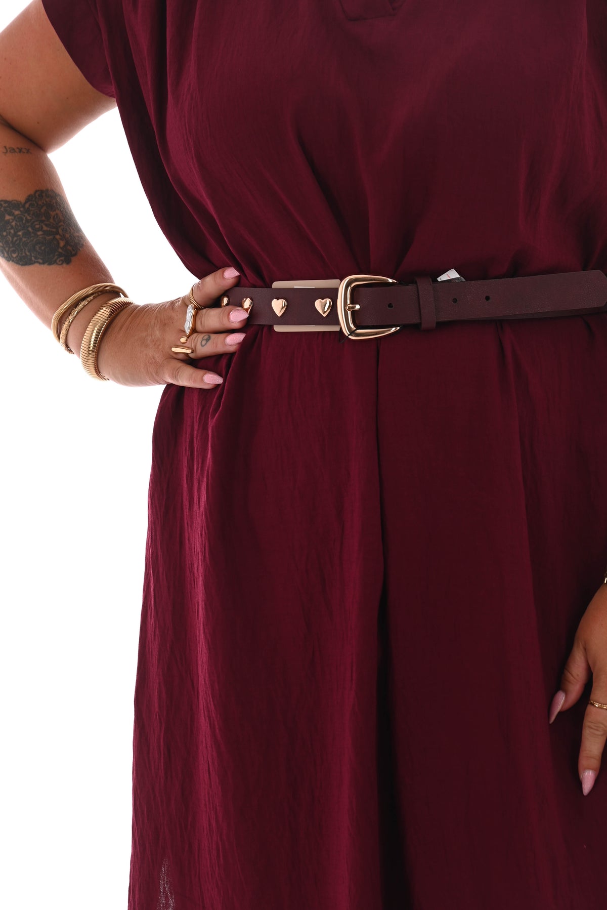 Jurk met ceintuur opstaande kraag bordeaux
