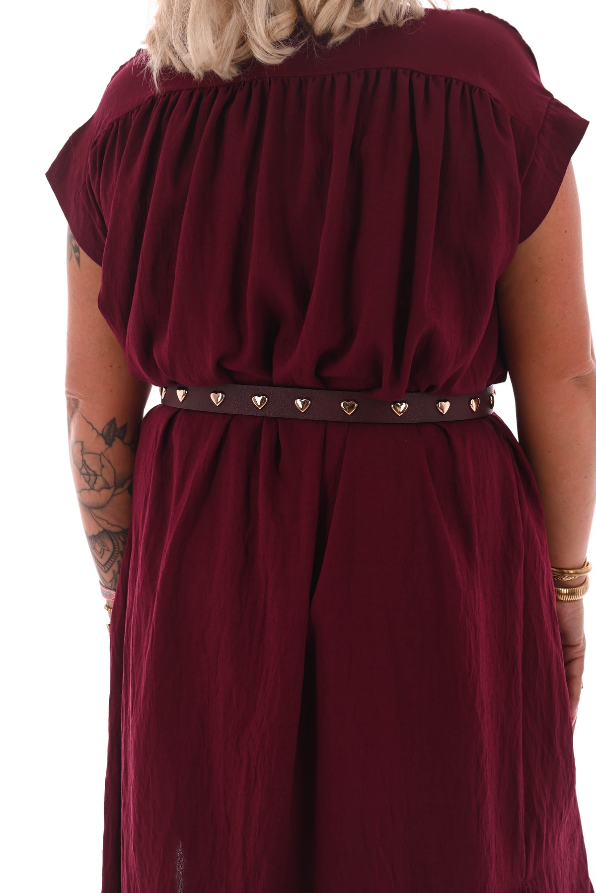 Jurk met ceintuur opstaande kraag bordeaux