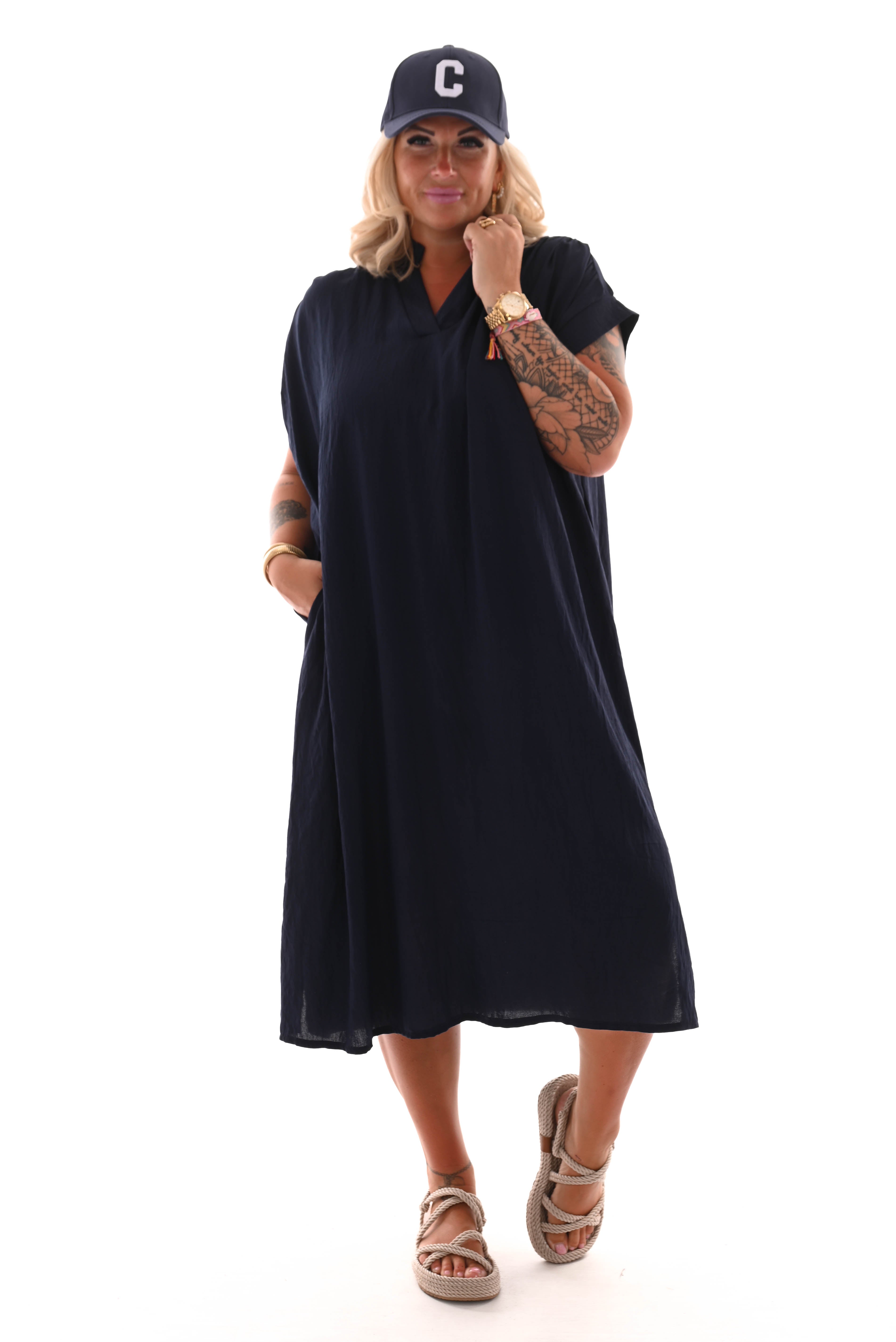 Jurk met ceintuur opstaande kraag marineblauw
