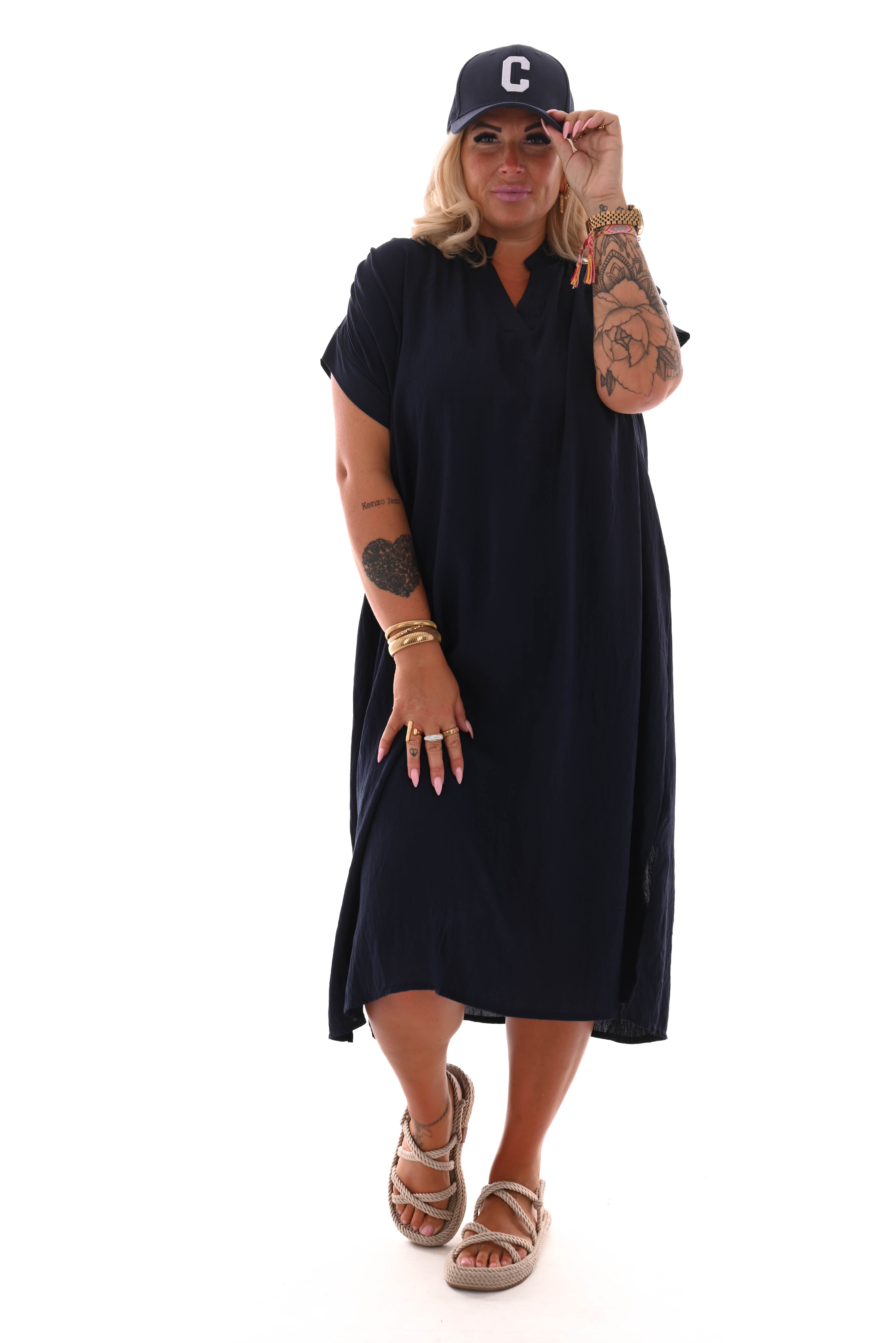 Jurk met ceintuur opstaande kraag marineblauw
